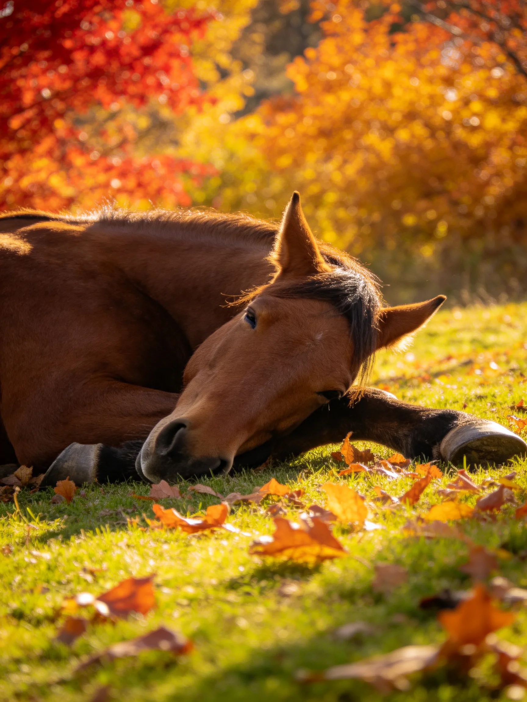 A brown horse relaxes on grass surrounded by autumn leaves and trees.