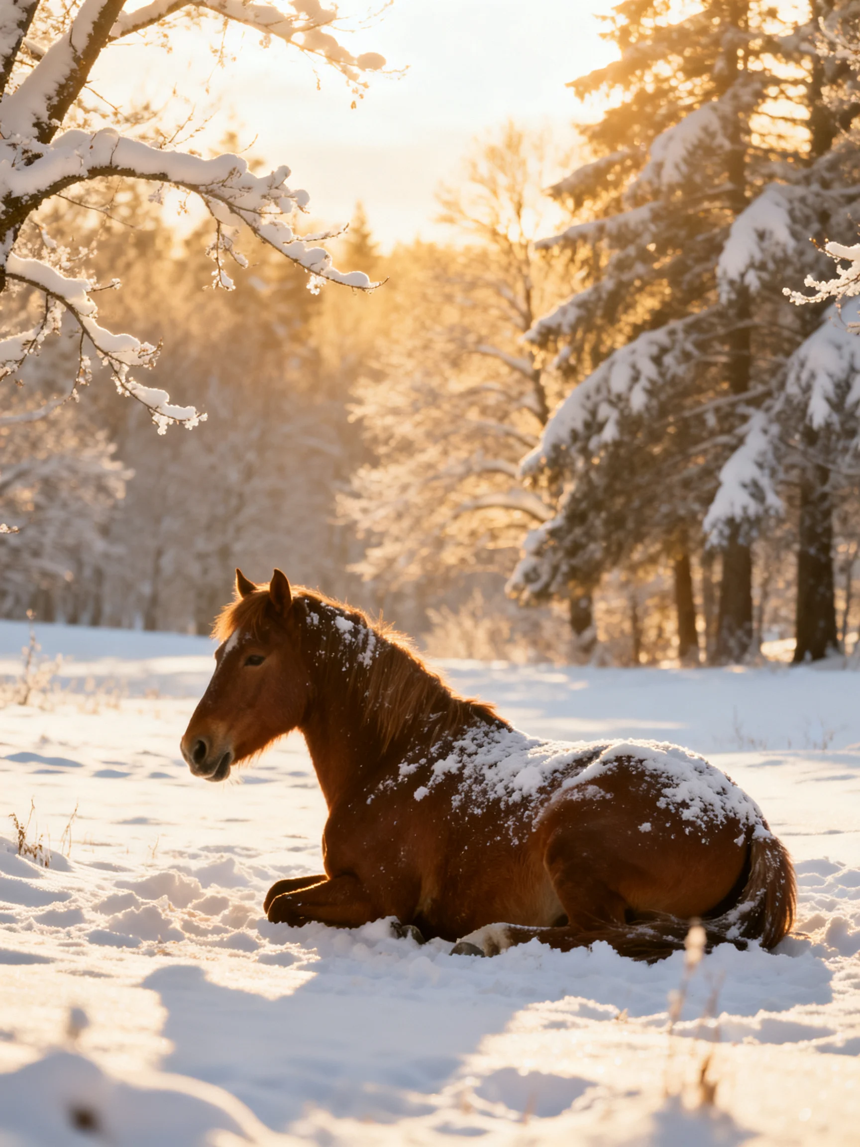 A brown horse rests in a snow - covered winter forest at golden hour
