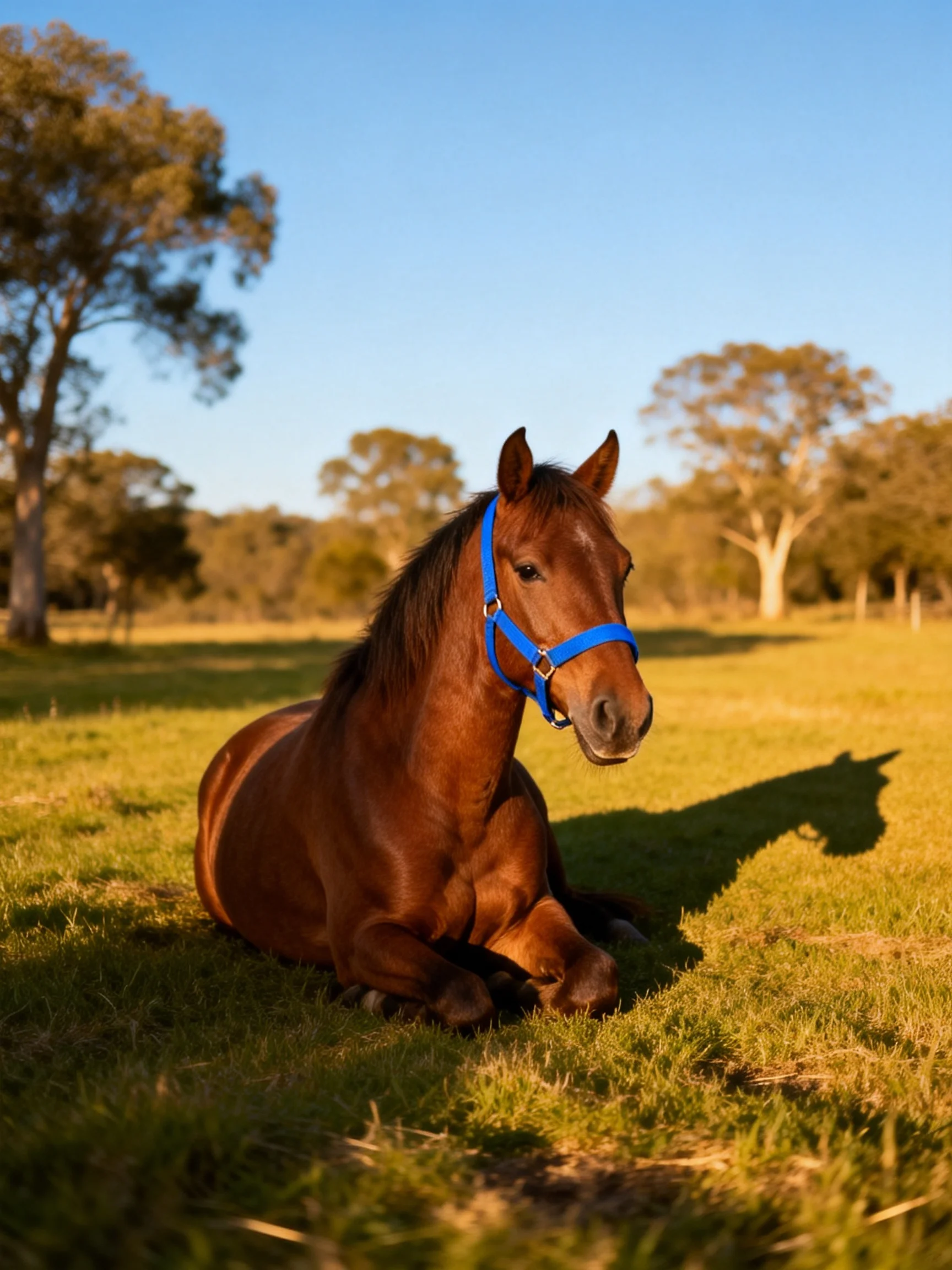 A brown horse rests in a sunlit grassy field with a blue halter