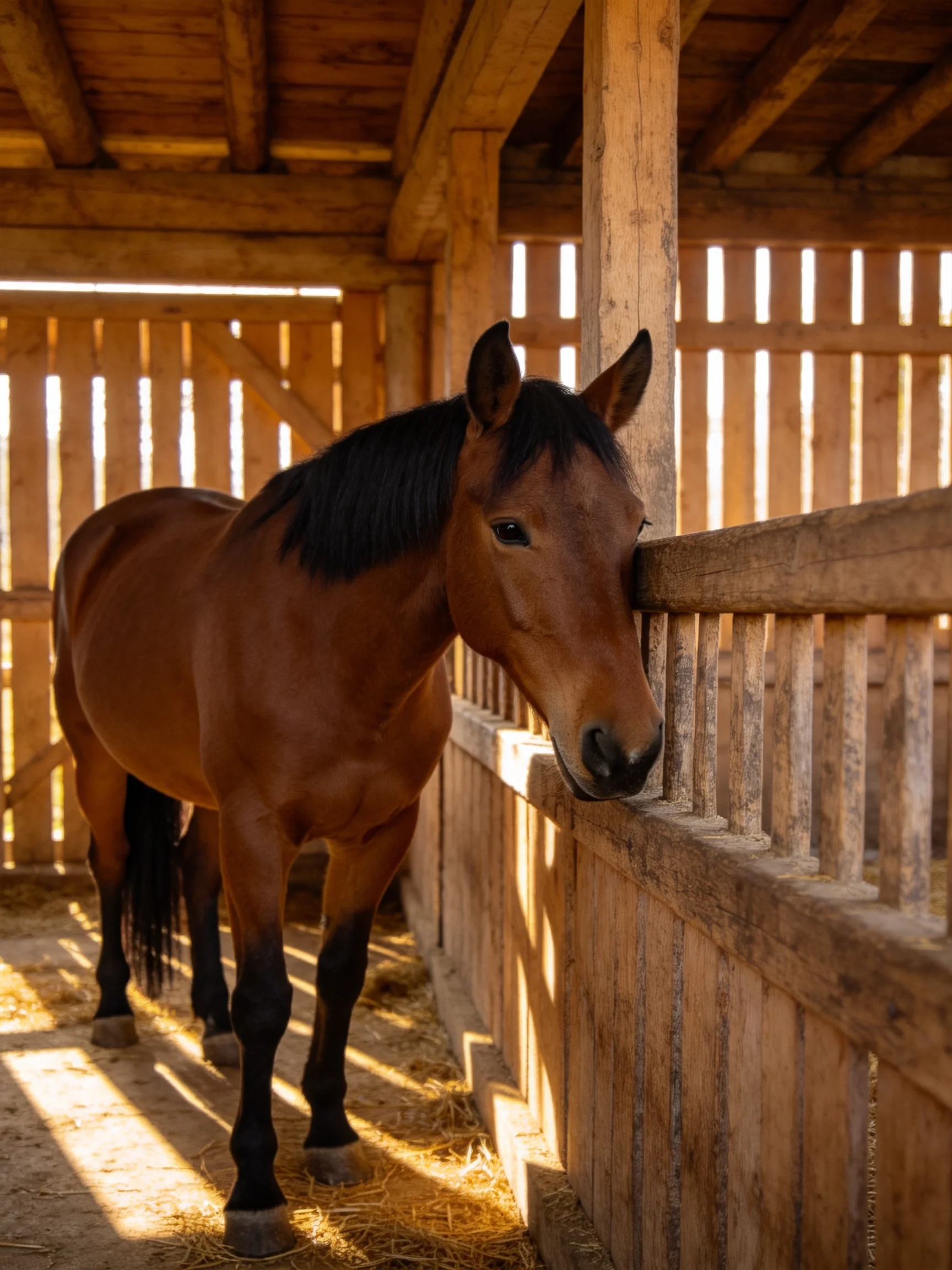 A brown horse stands near a wooden fence in a sunlit stable