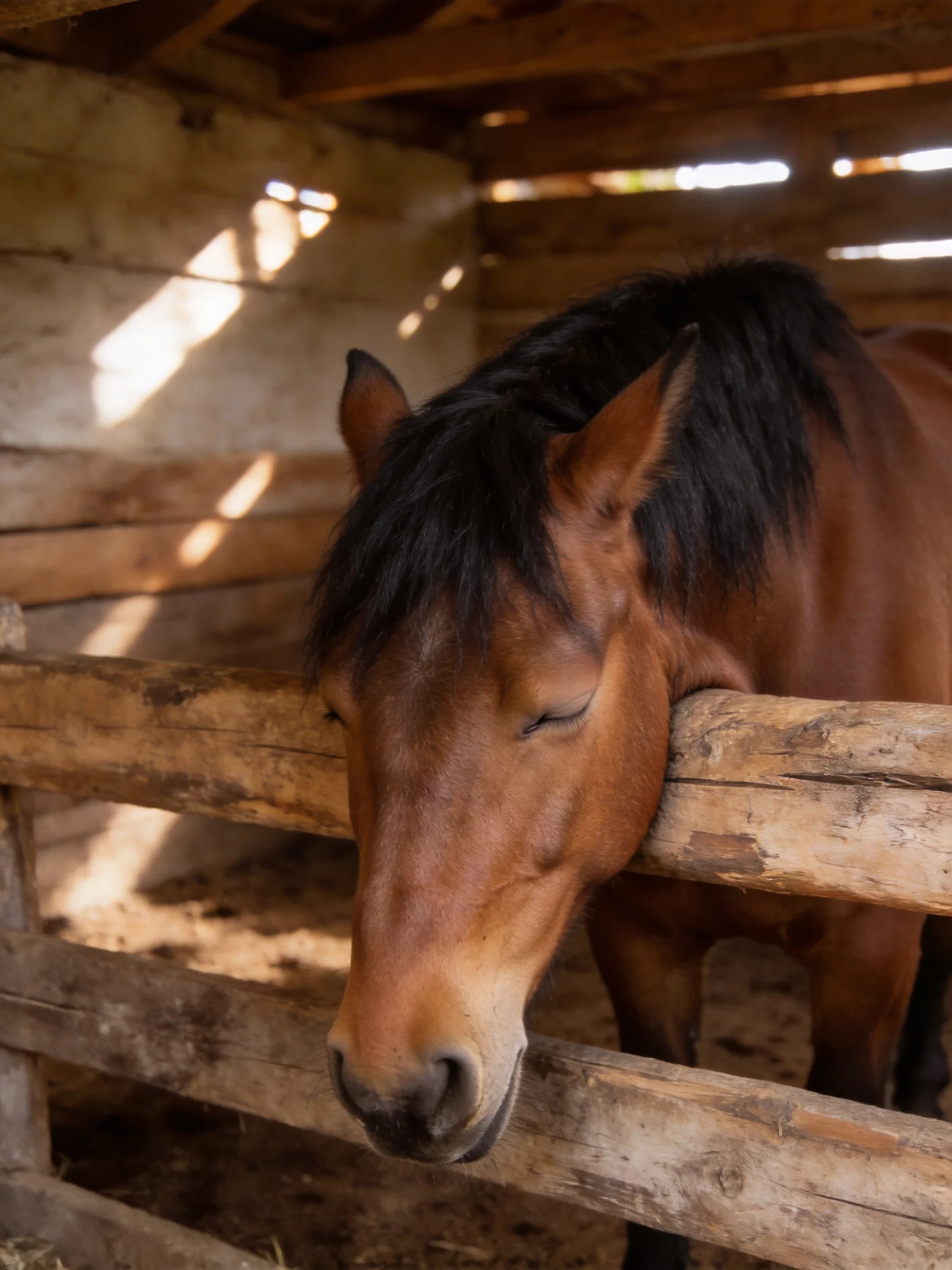A brown horse rests near a weathered wooden fence inside a rustic barn