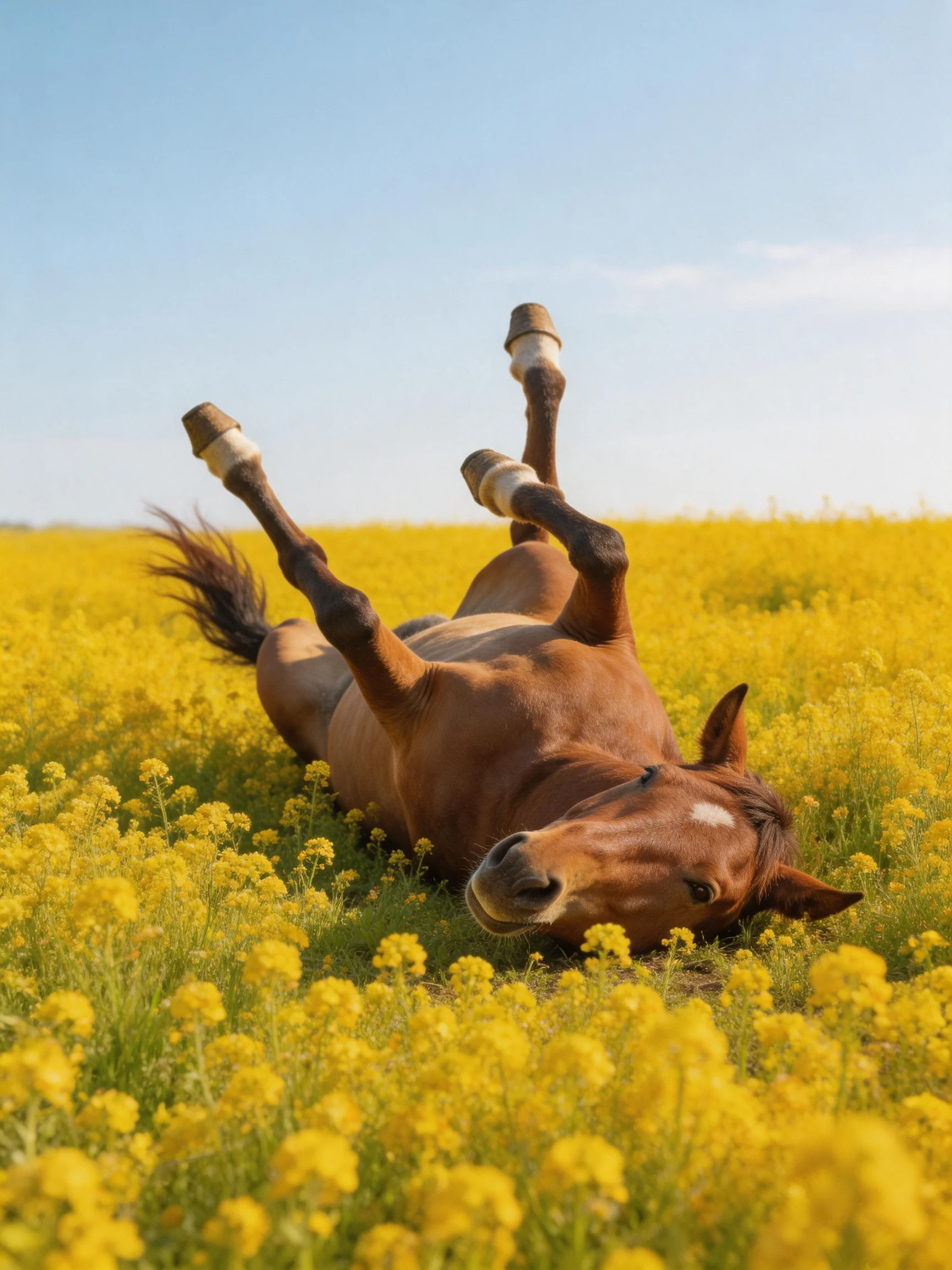 A brown horse rolling in a field of bright yellow wildflowers