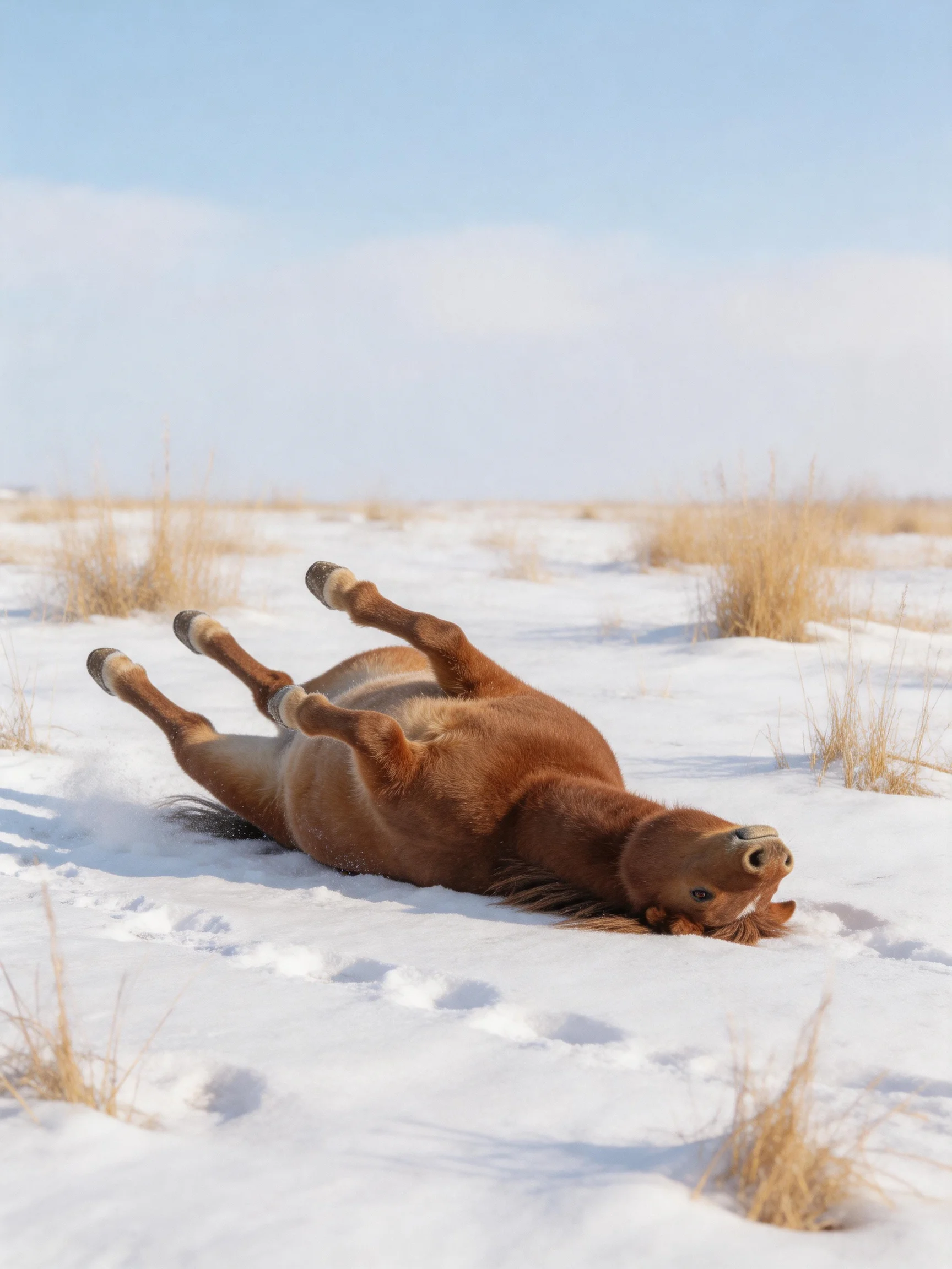 A brown horse rolling in a snowy field with sparse dry grass