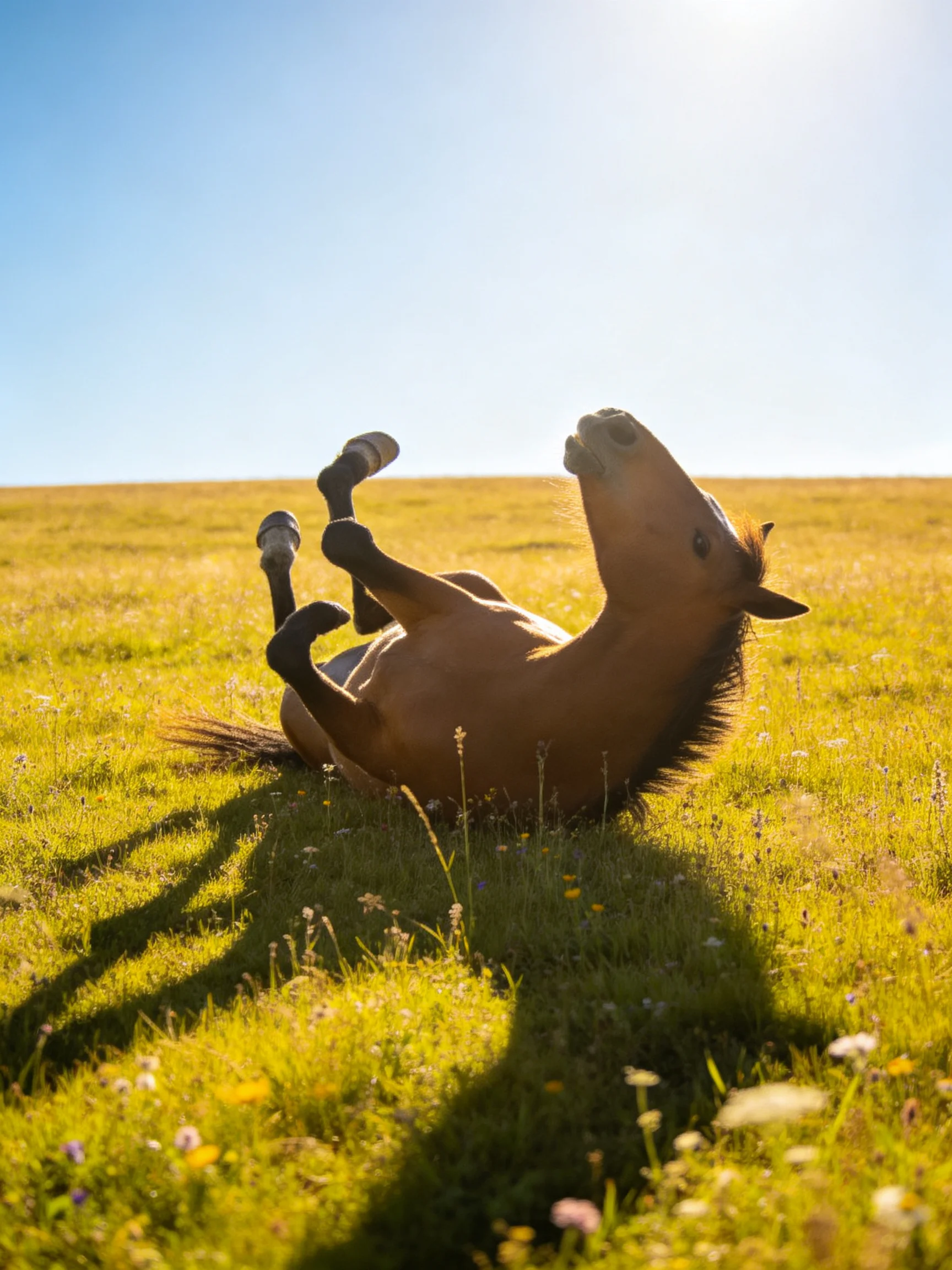 A brown horse rolls in a sunlit golden meadow