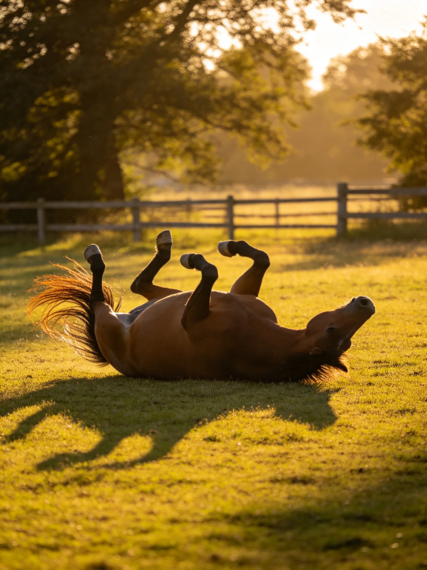 A brown horse rolls in golden sunlight near a wooden fence