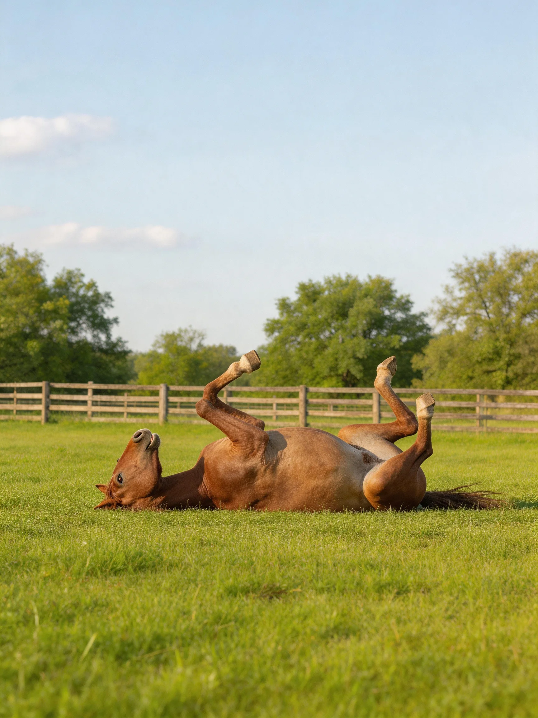 A brown horse rolls joyfully in a lush green pasture