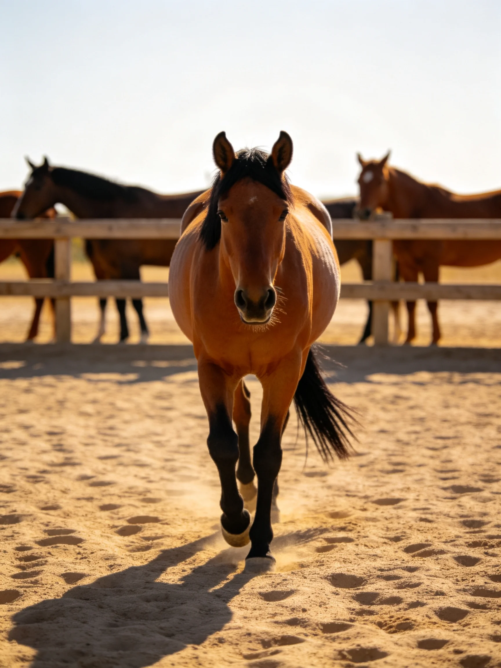 A brown horse runs toward camera near wooden fence with other horses
