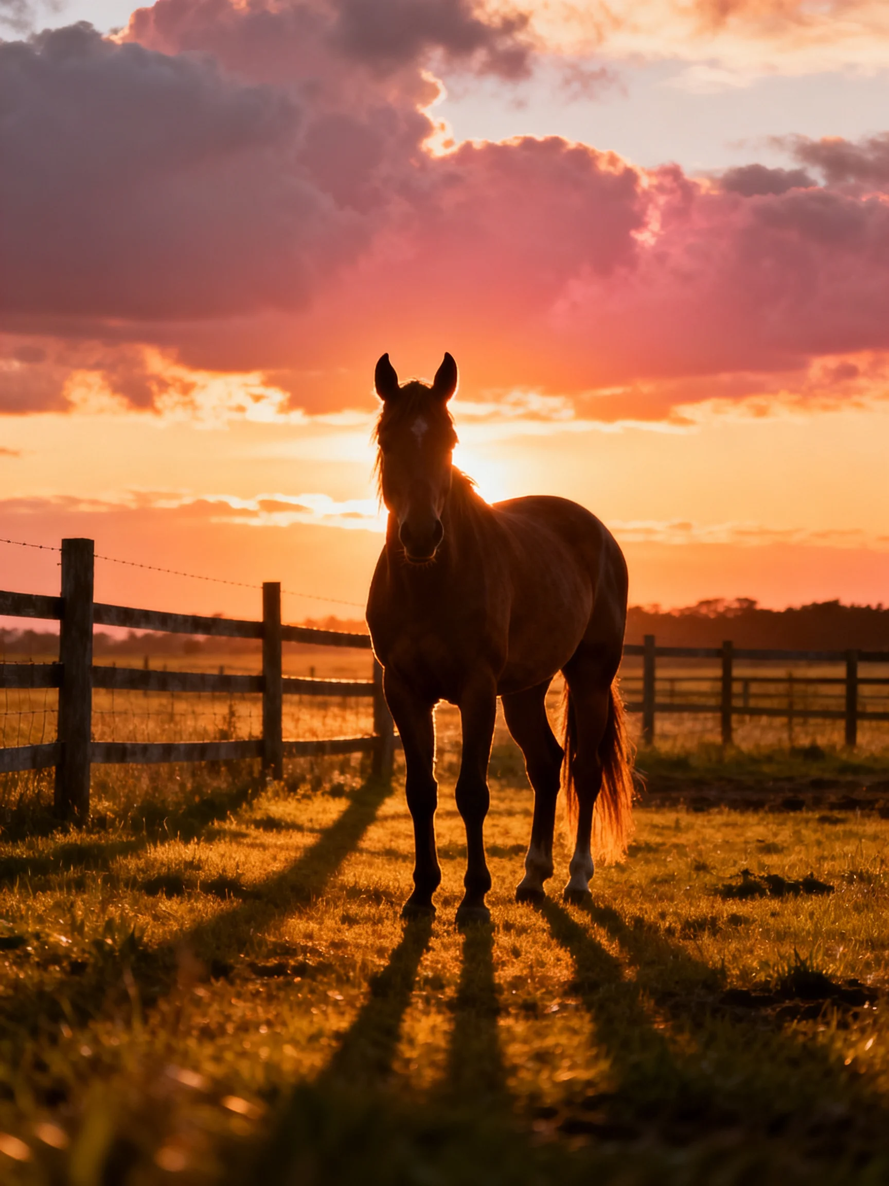 A brown horse silhouetted against a vibrant sunset in a fenced field