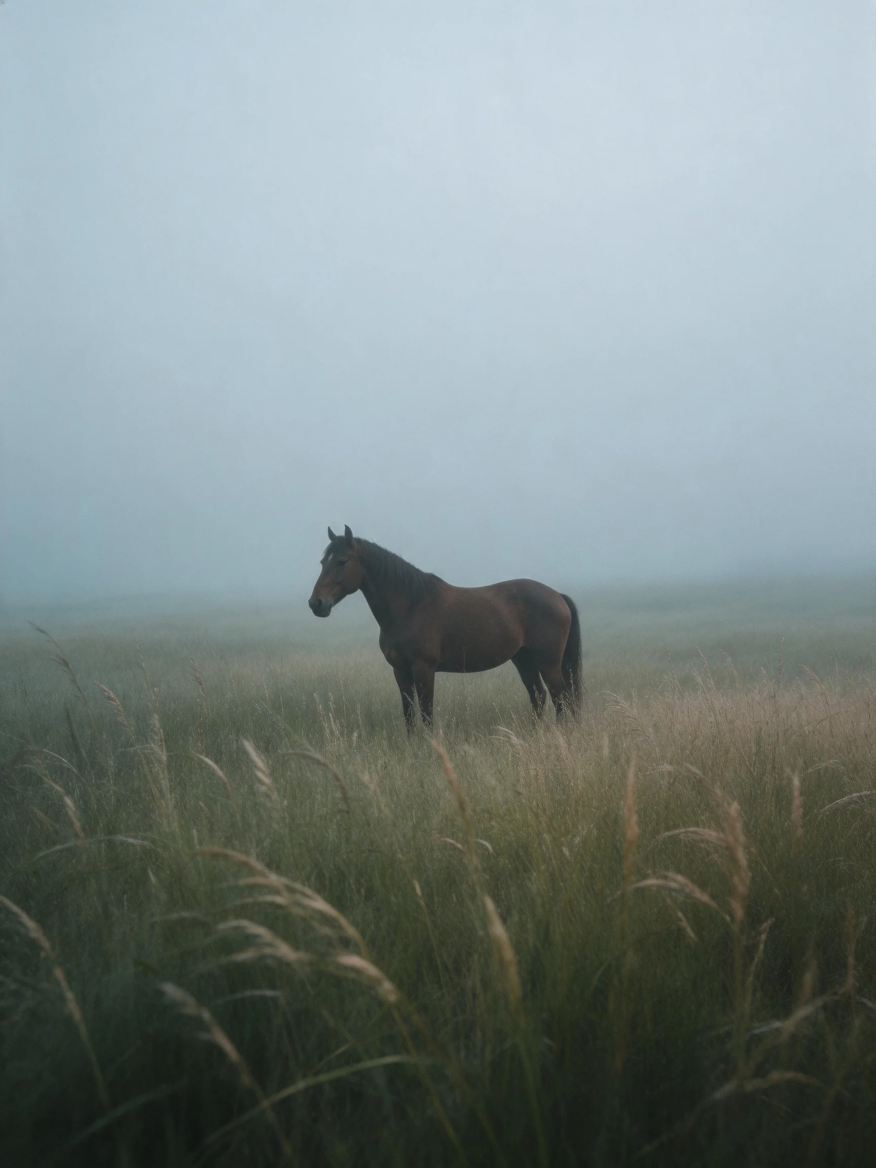 A brown horse stands alone in a misty, tall-grass field