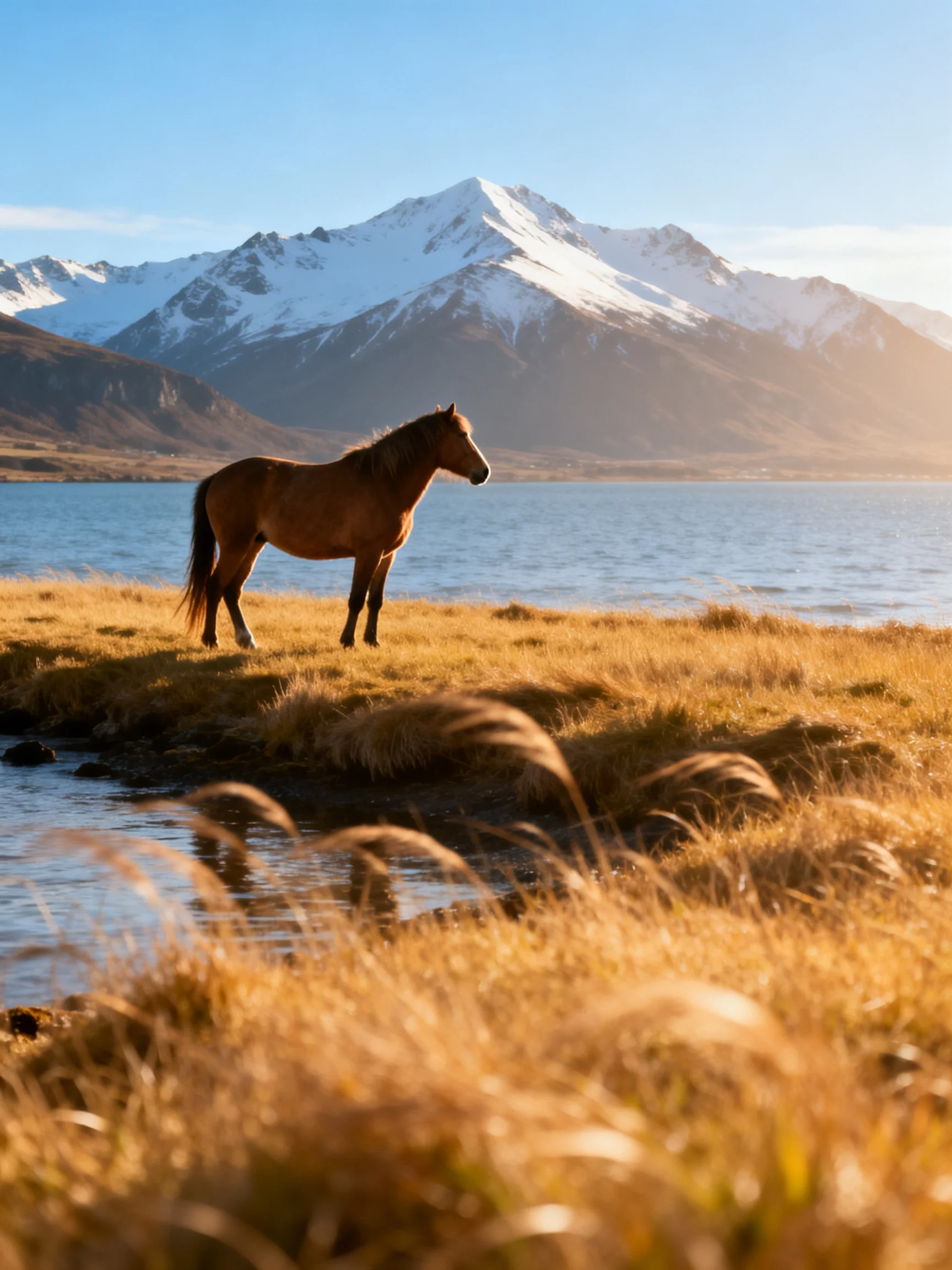 A brown horse stands on golden grass beside a lake with snow-capped mountains in the distance.