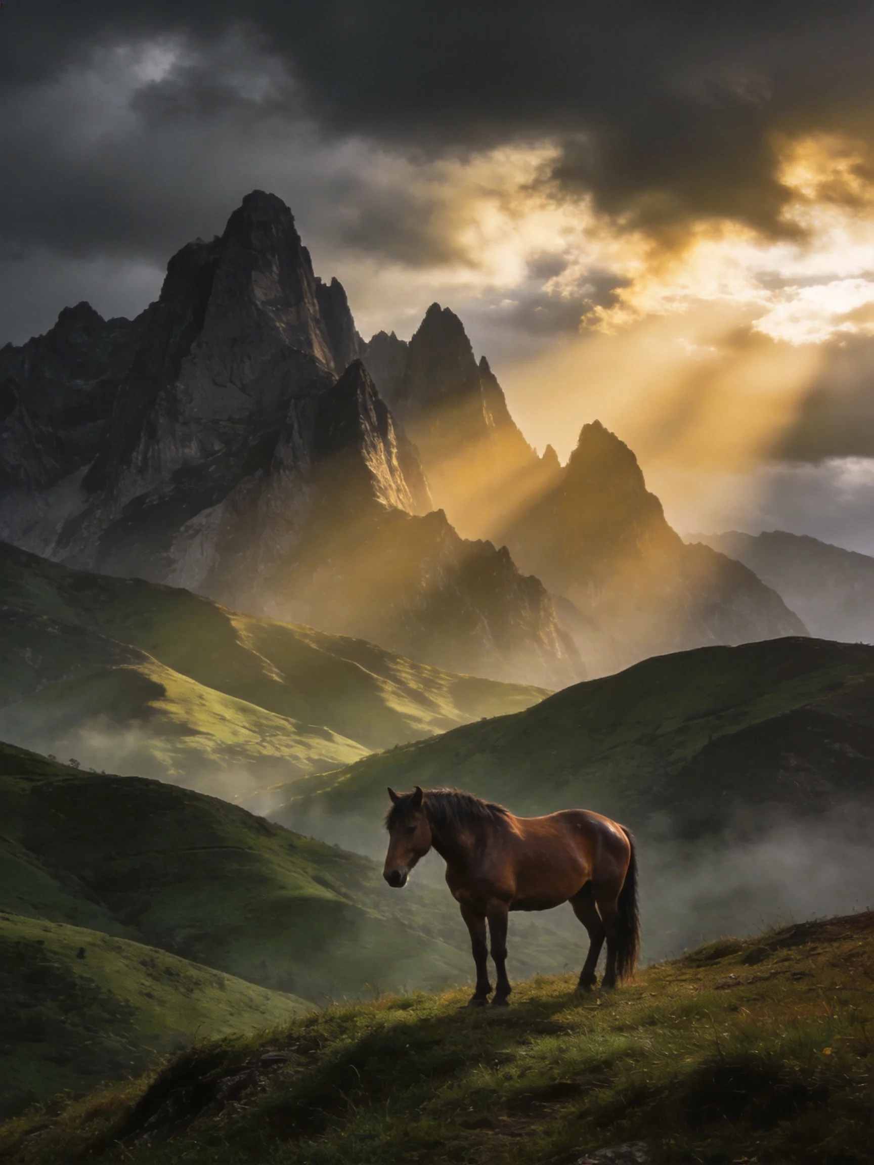 A brown horse stands in a misty valley beneath dramatic mountain peaks with golden sunlight.