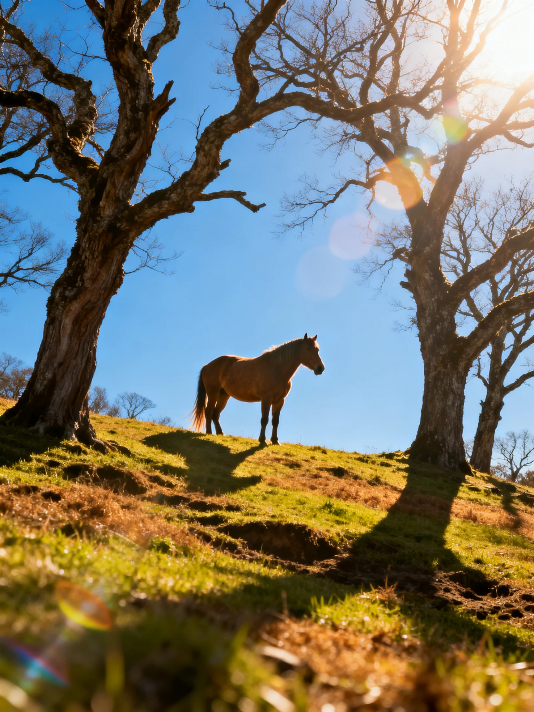 A brown horse stands among gnarled trees on a sunlit grassy hill