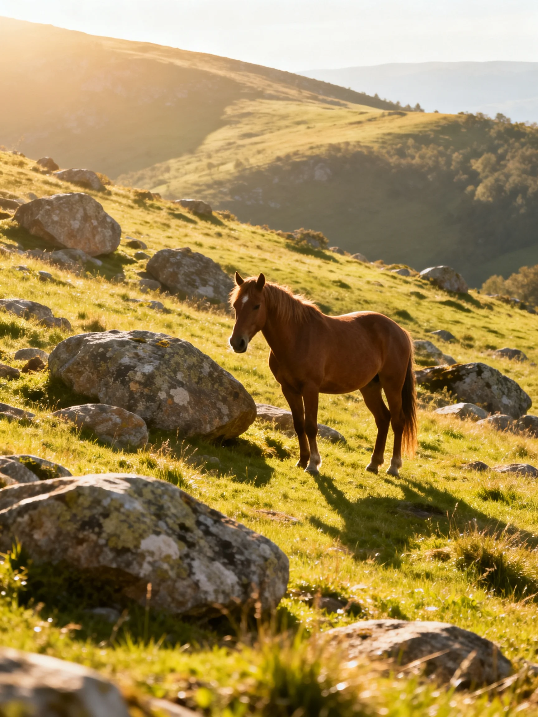 A brown horse stands on a sunlit rocky hillside with green grass