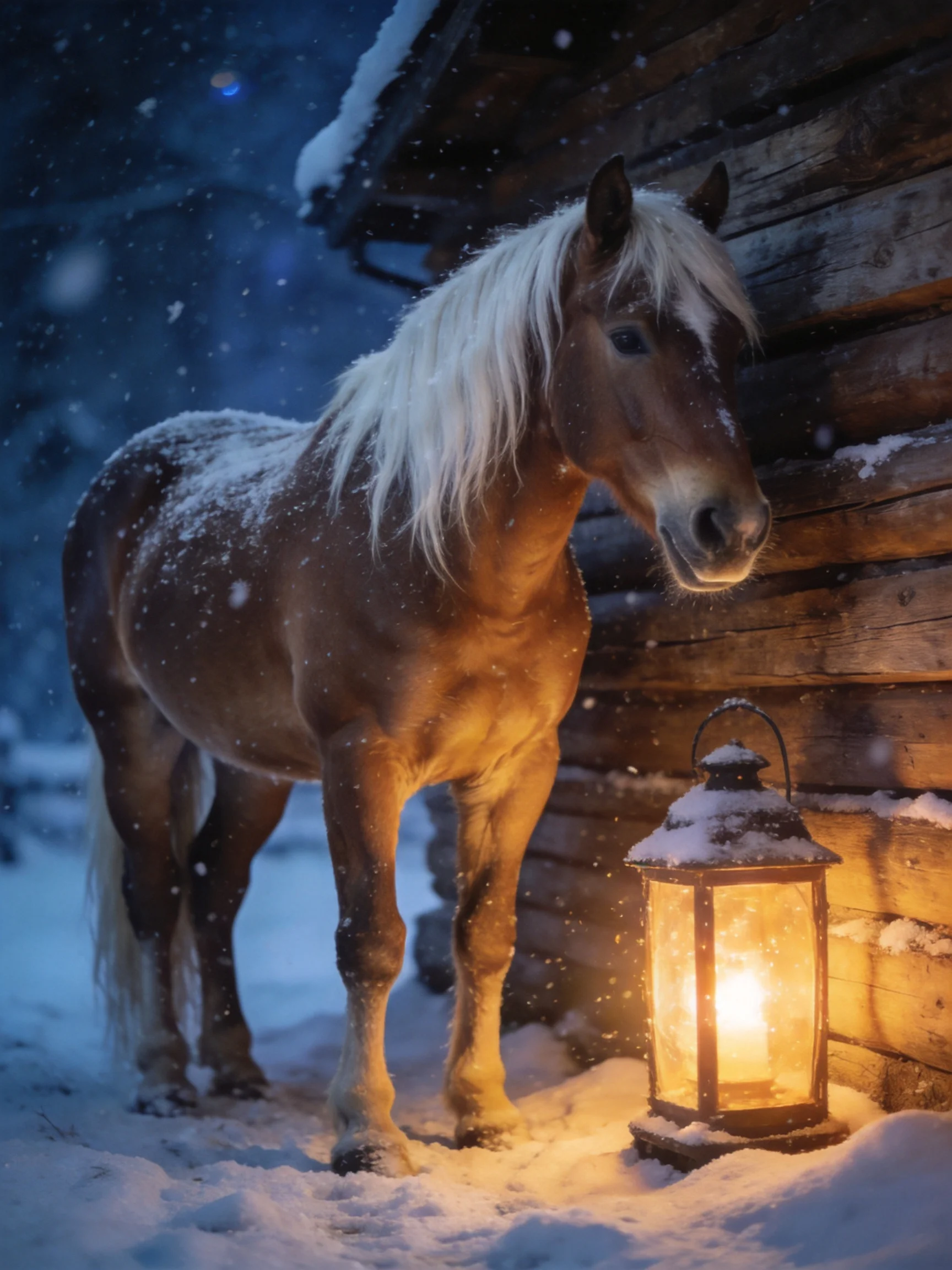 A brown horse stands beside a snow - covered log cabin by a glowing lantern