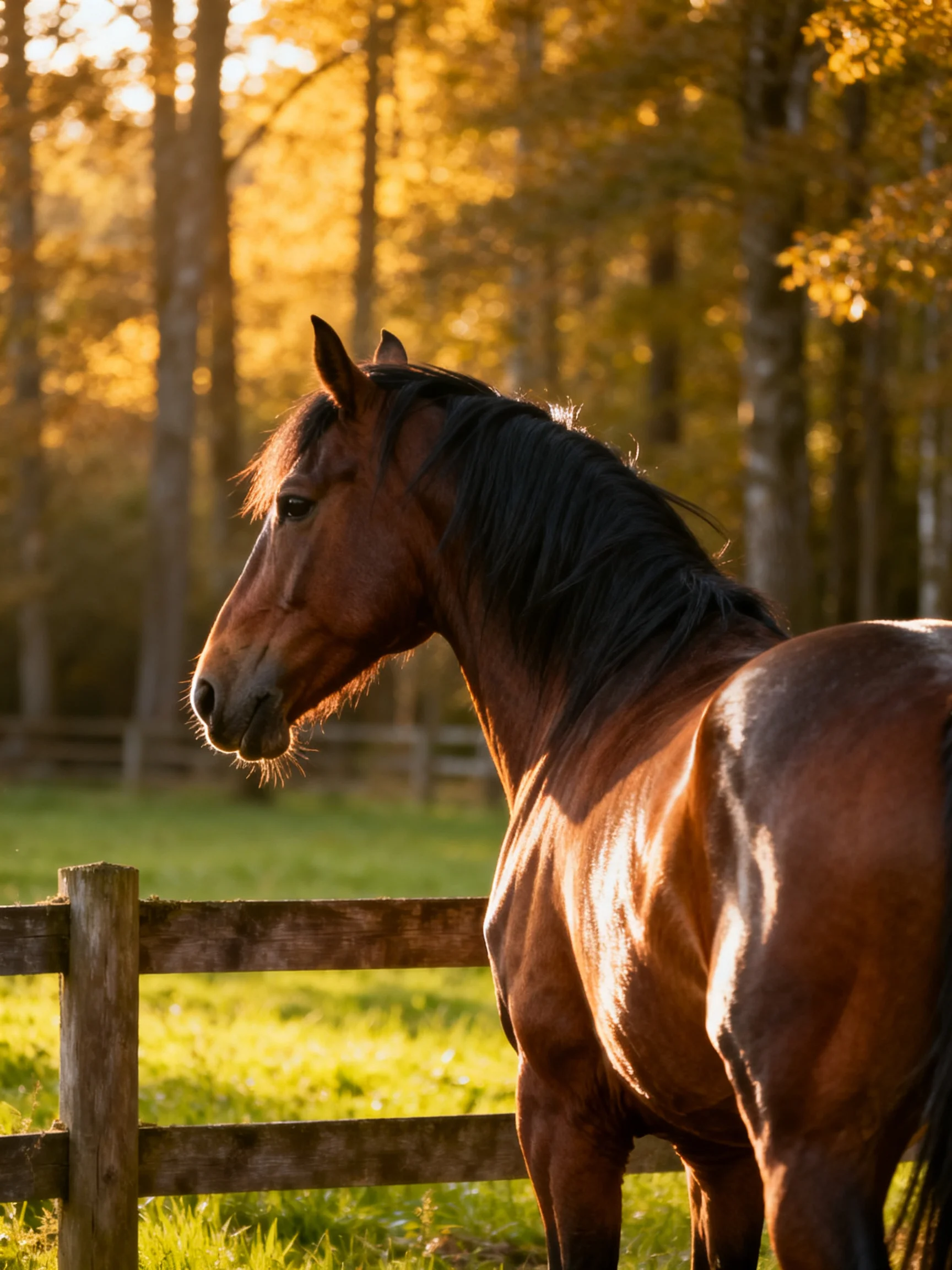A brown horse stands near a wooden fence in a sunlit woodland.