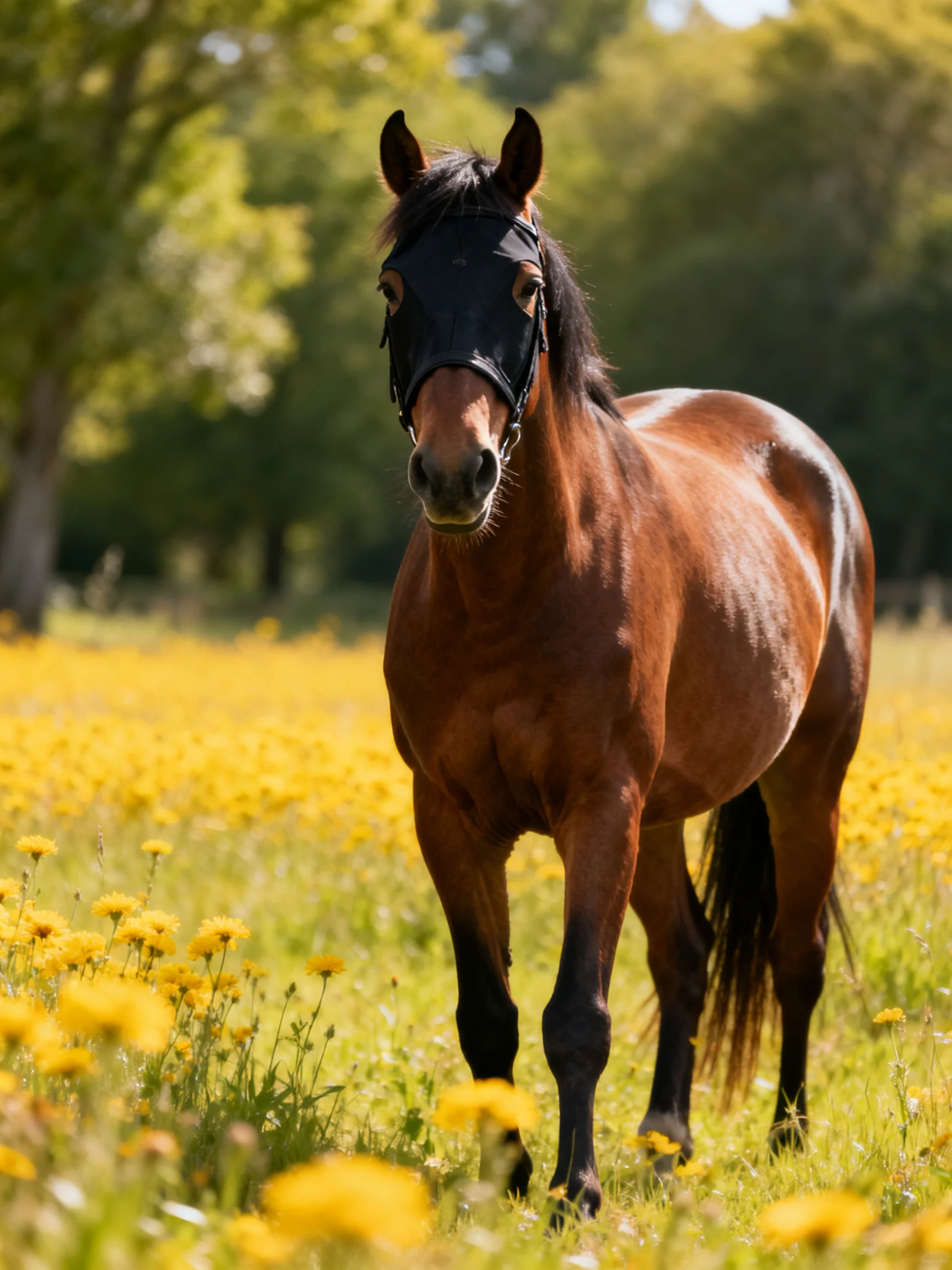 A brown horse stands among yellow wildflowers in a sunlit meadow.