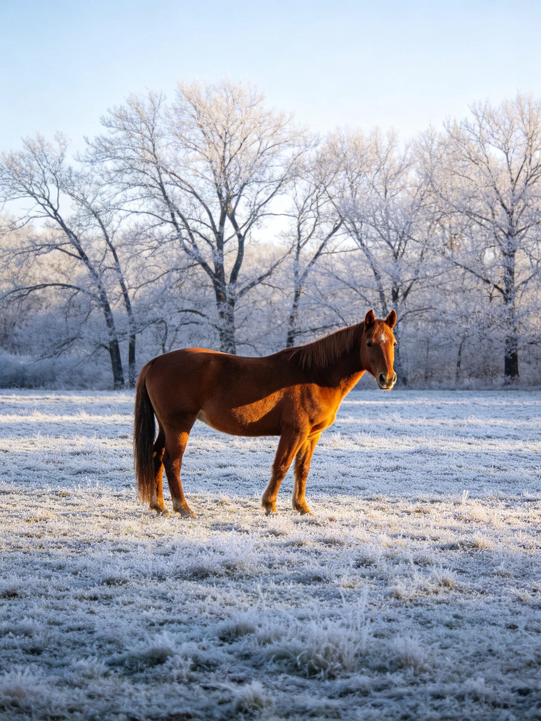 A brown horse stands in a frosty field with frost-laden trees in the background.