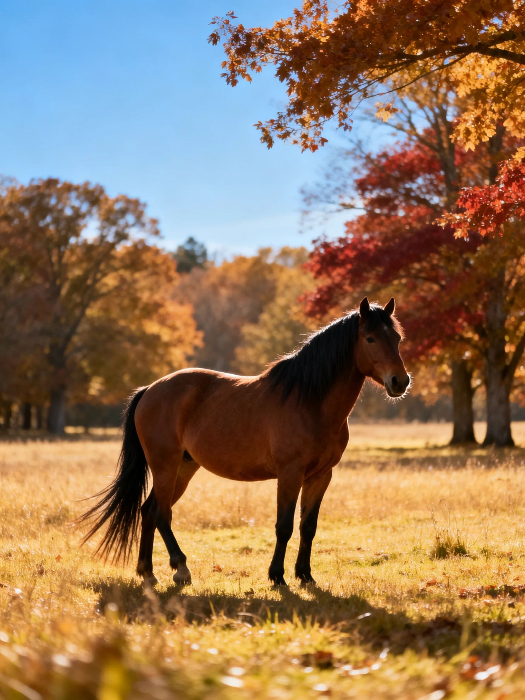 A brown horse stands in a golden autumn meadow with colorful trees