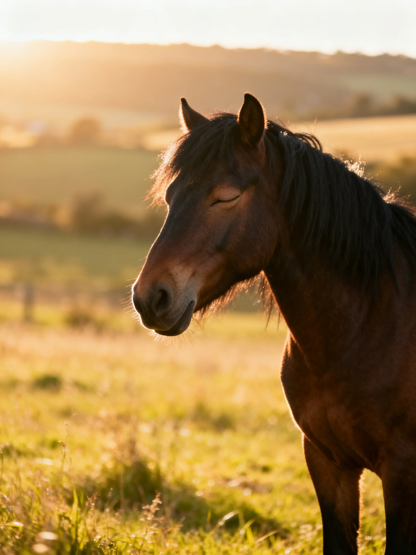 A brown horse stands in a golden field during sunset
