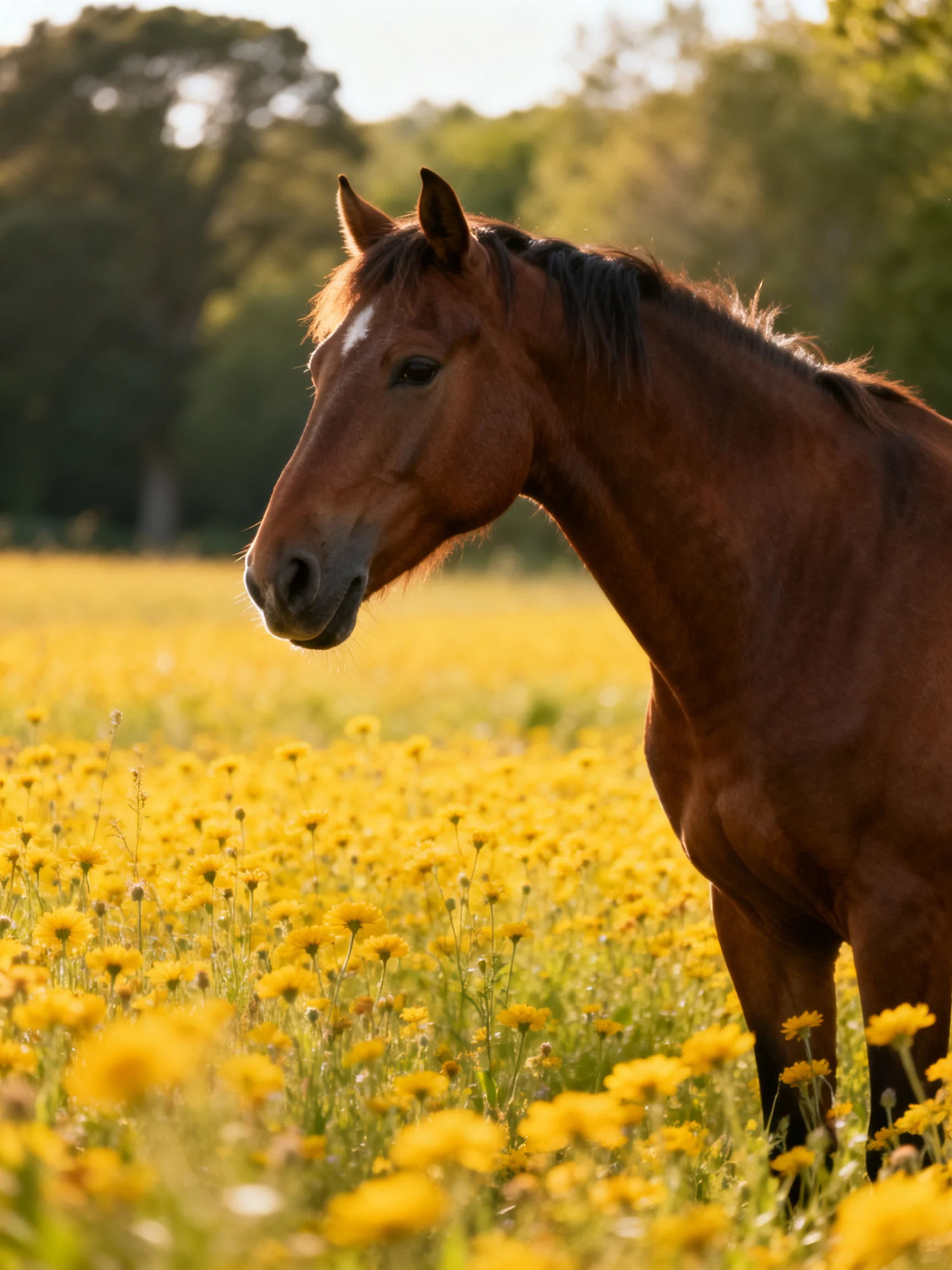 A brown horse stands among yellow wildflowers in a sunlit meadow.