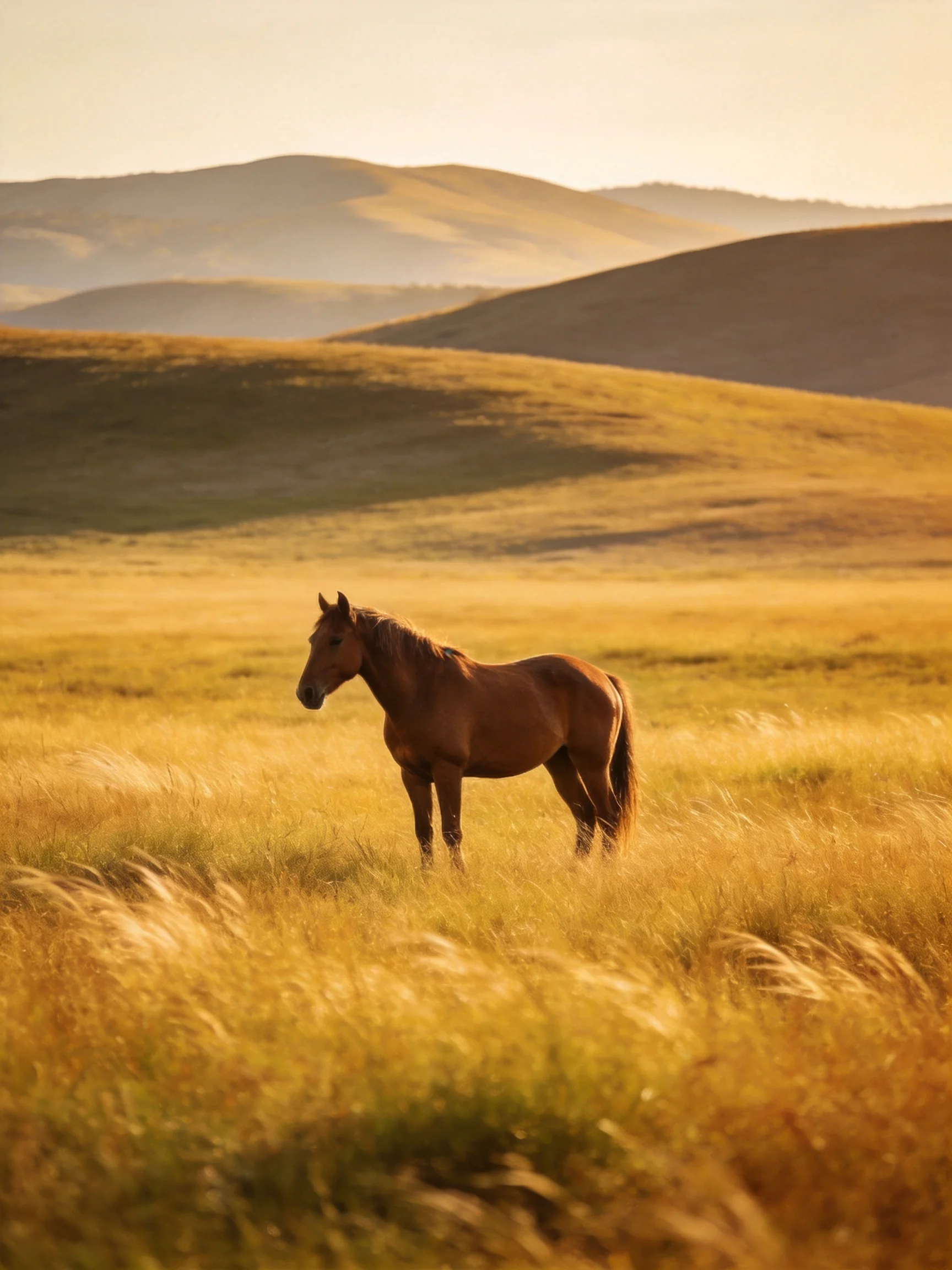 A brown horse stands in a golden grassland with rolling hills