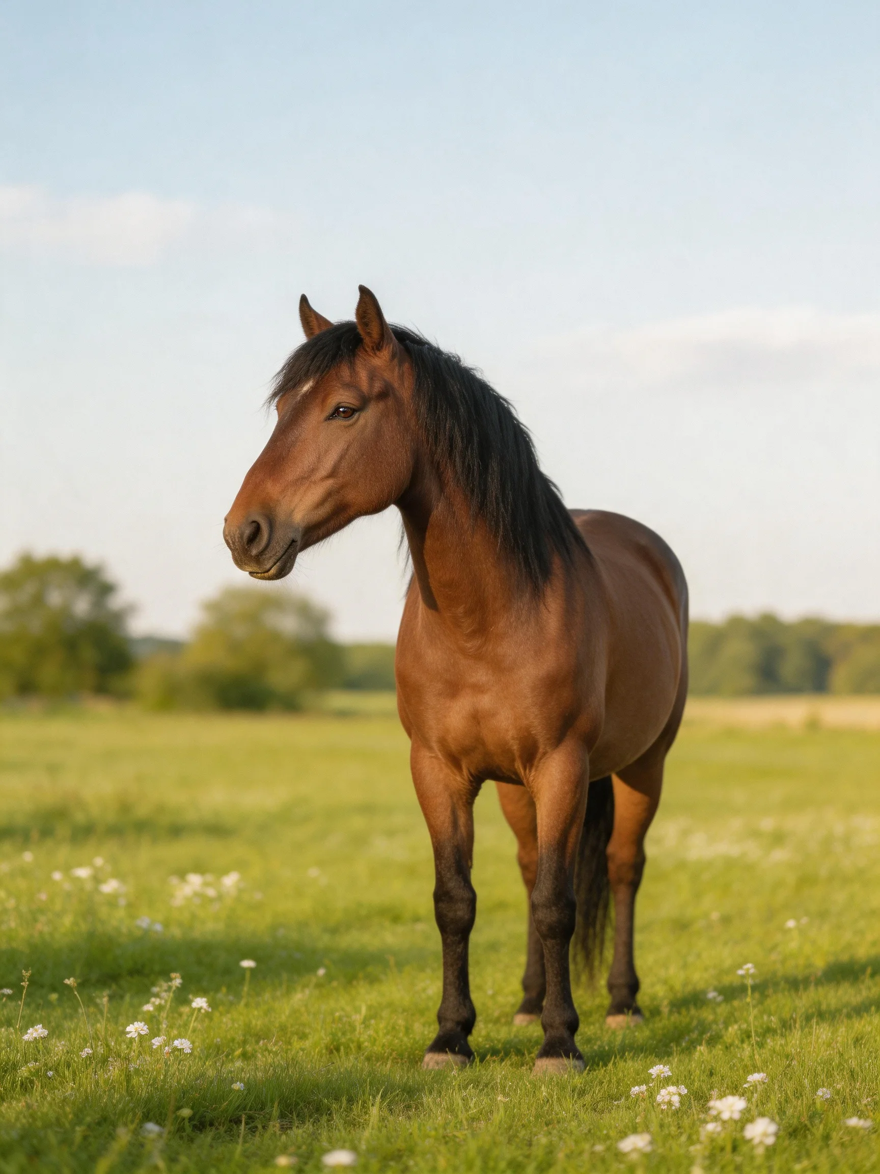 A brown horse stands in a green meadow with white flowers under a clear sky