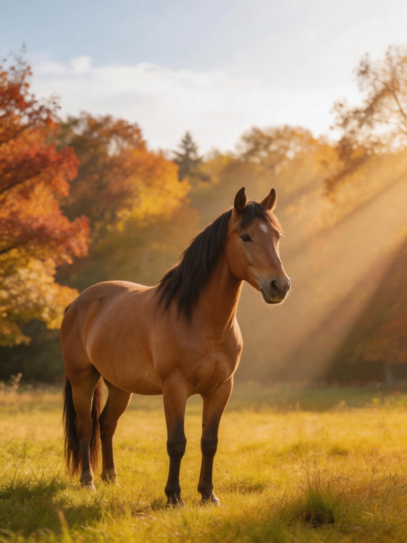 A brown horse stands in a sunlit autumn meadow with golden foliage
