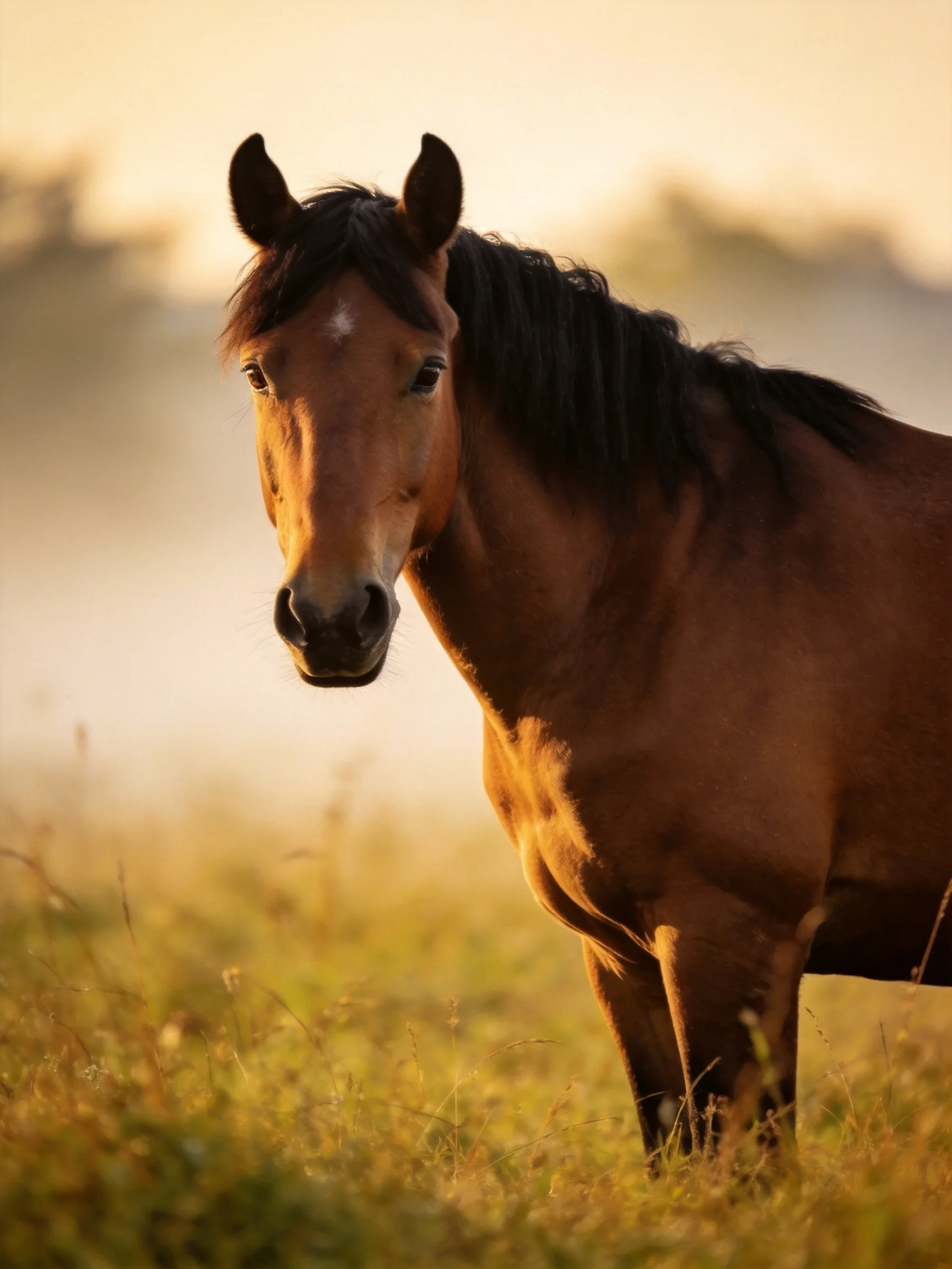 A brown horse stands in a sunlit grassy field