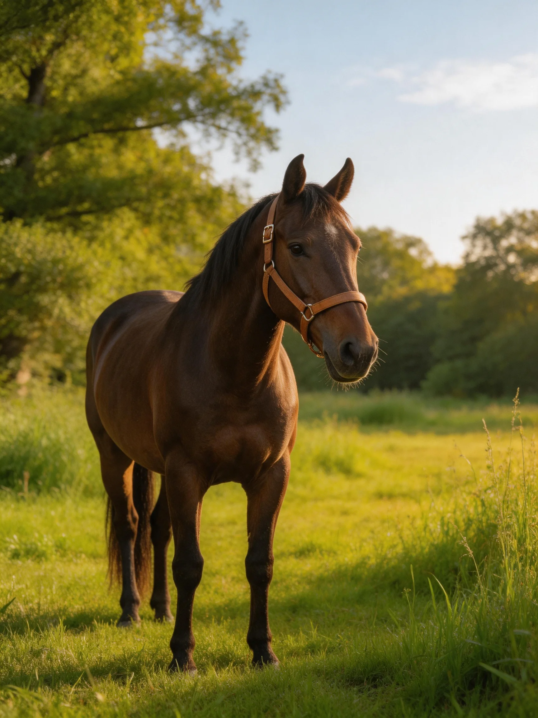 A brown horse stands in a sunlit green meadow.