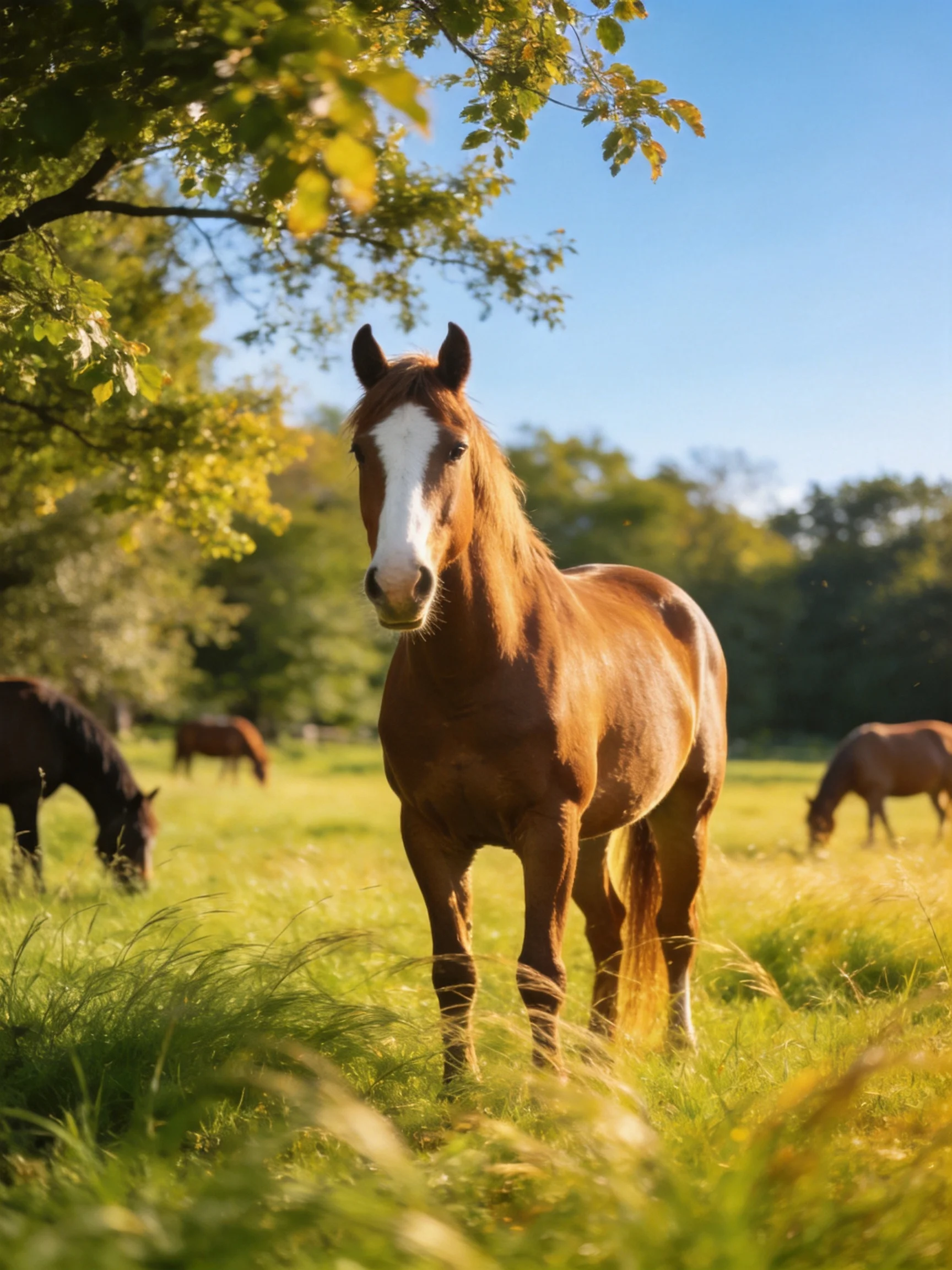 A brown horse stands in a sunlit green meadow with other horses