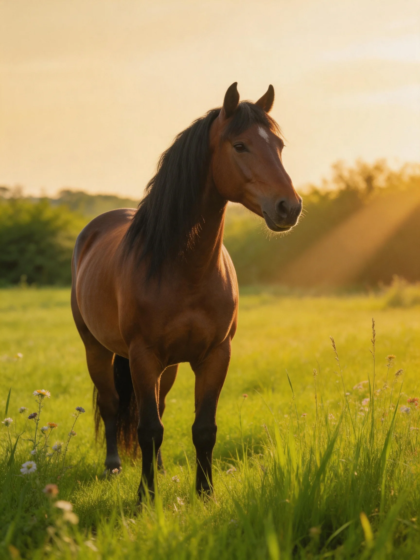 A brown horse stands in a sunlit meadow during golden hour.