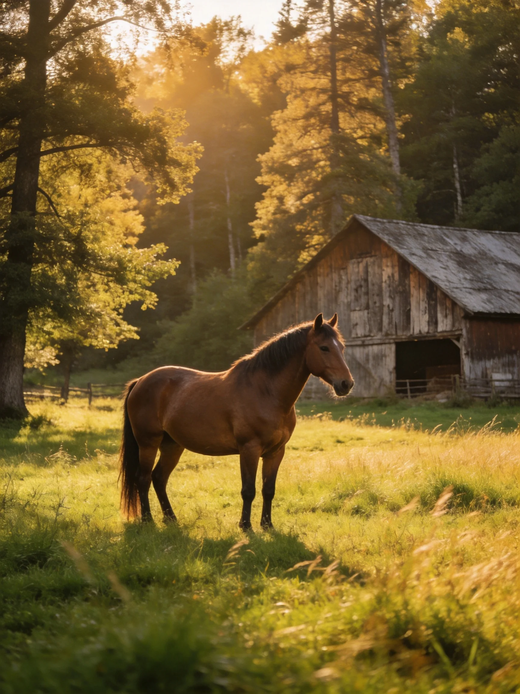 A brown horse stands in a sunlit meadow beside an old wooden barn