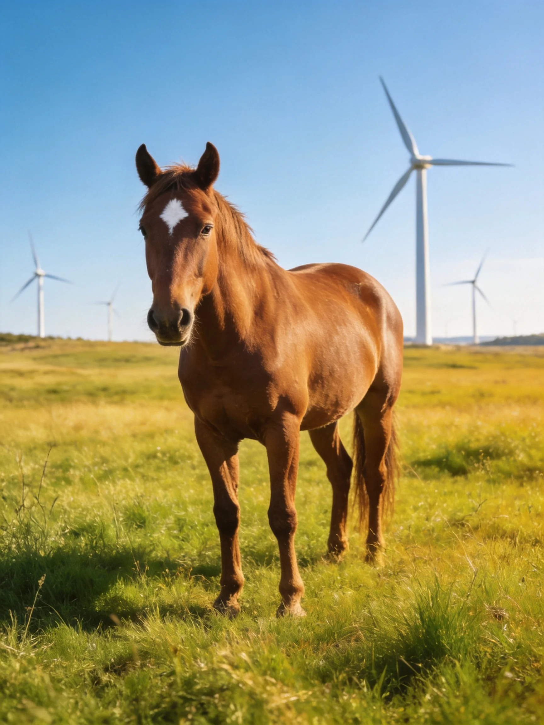 A brown horse stands in a sunlit meadow with white wind turbines