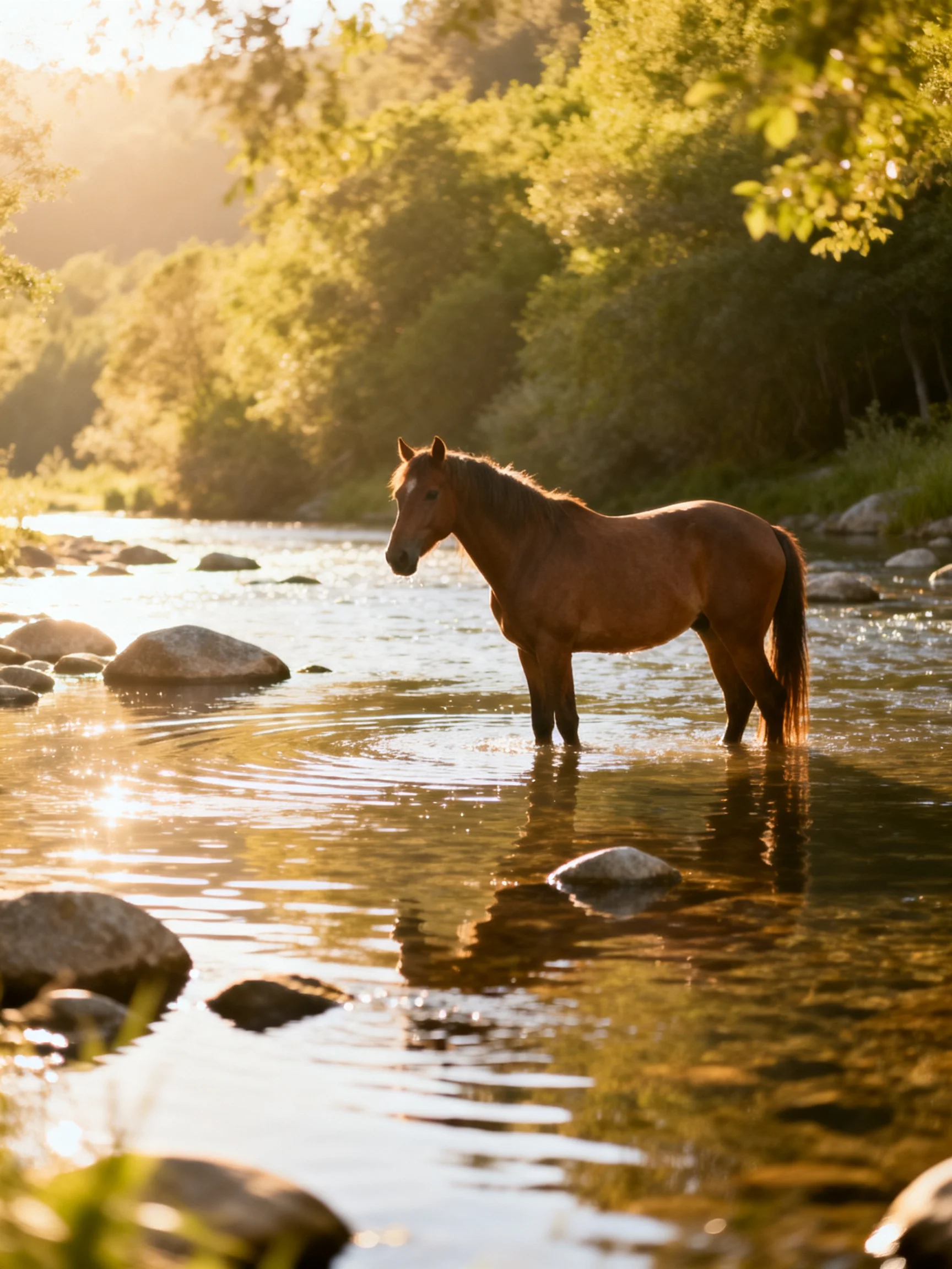 A brown horse stands in a sunlit rocky stream with lush green trees