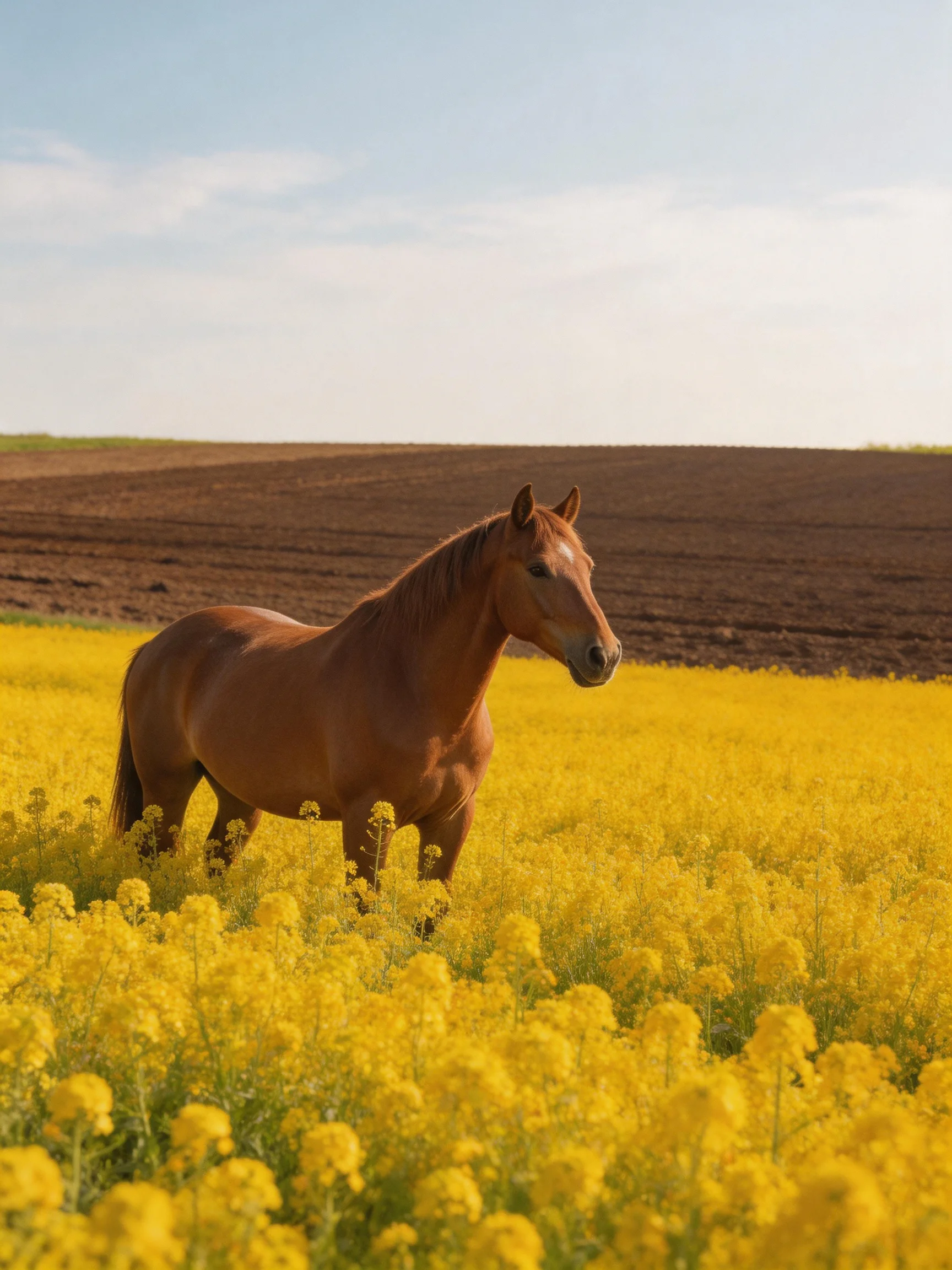 A brown horse stands in abright yellow flower field beside plowed earth