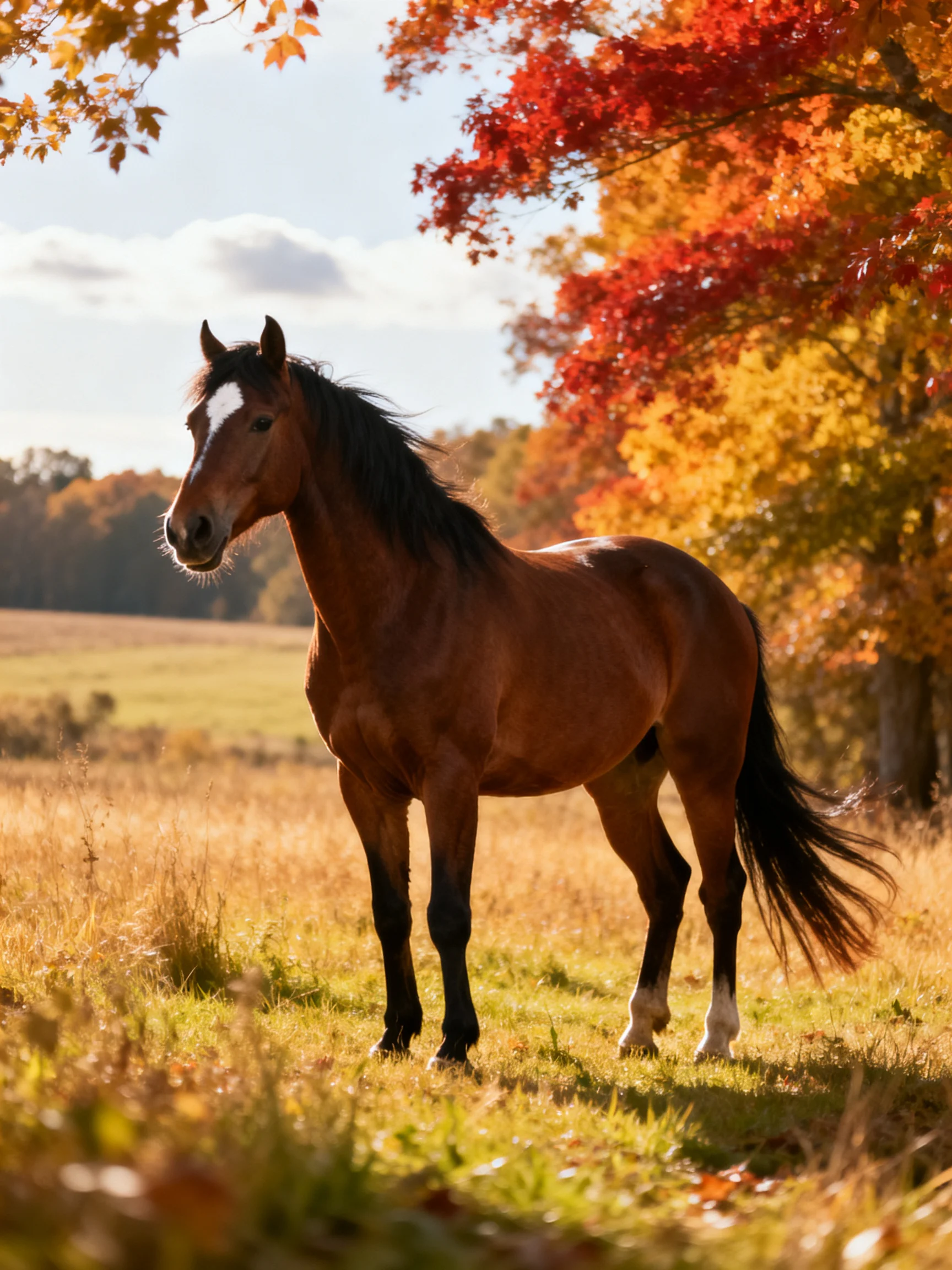 A brown horse stands in an autumn meadow with vibrant foliage