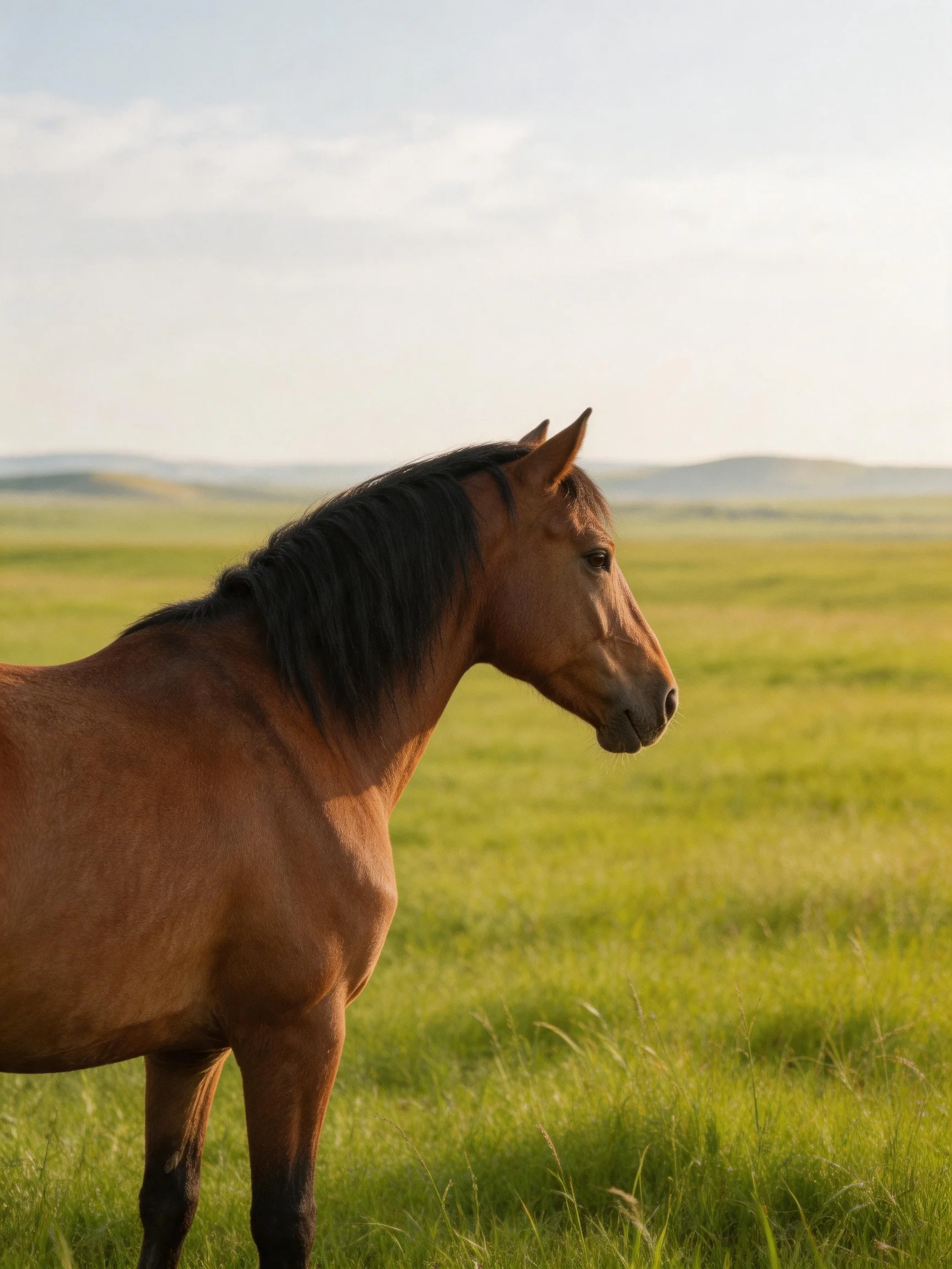 A brown horse stands in an expansive green meadow under soft daylight