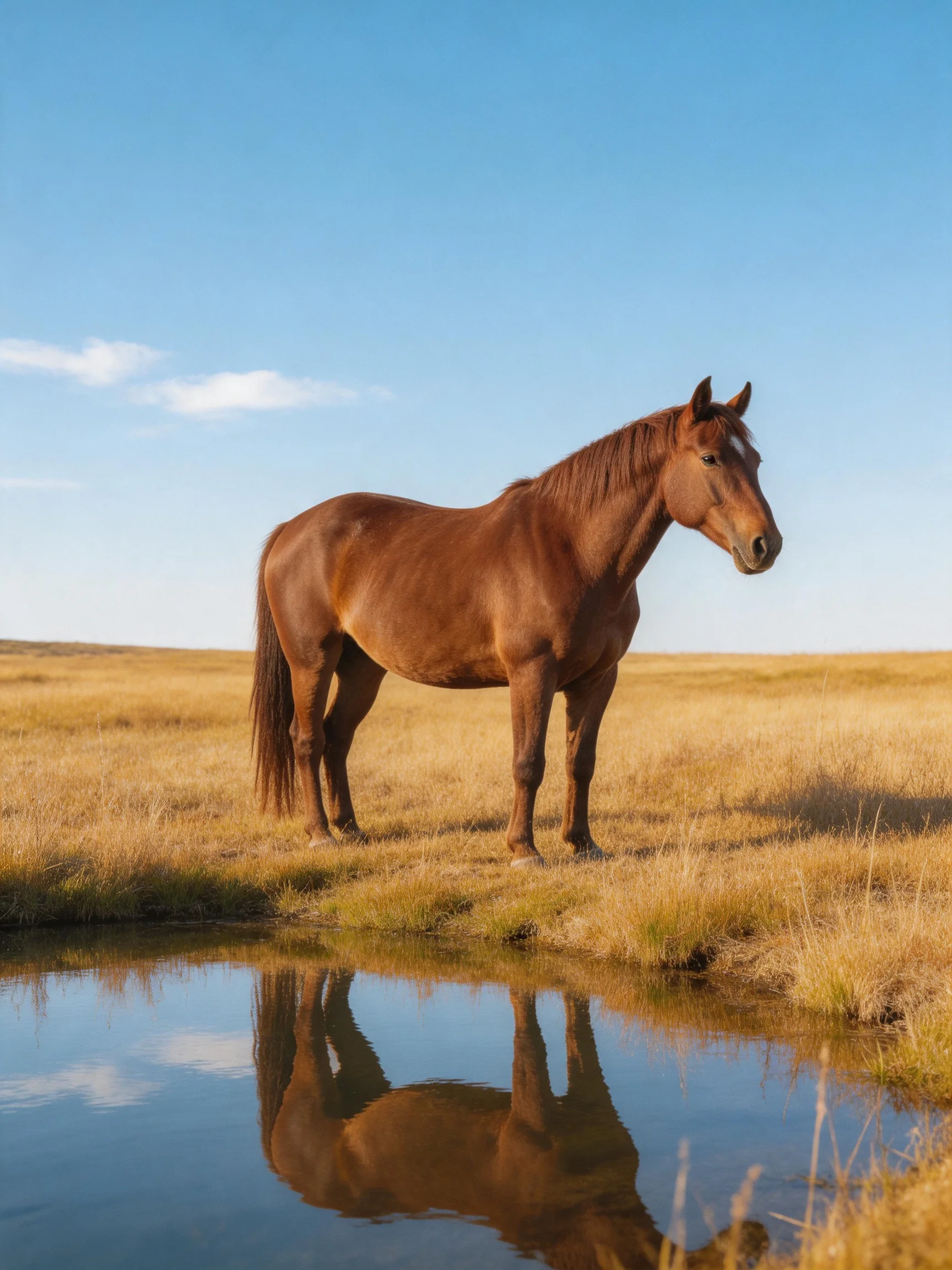 A brown horse stands near a reflective water body in an open field