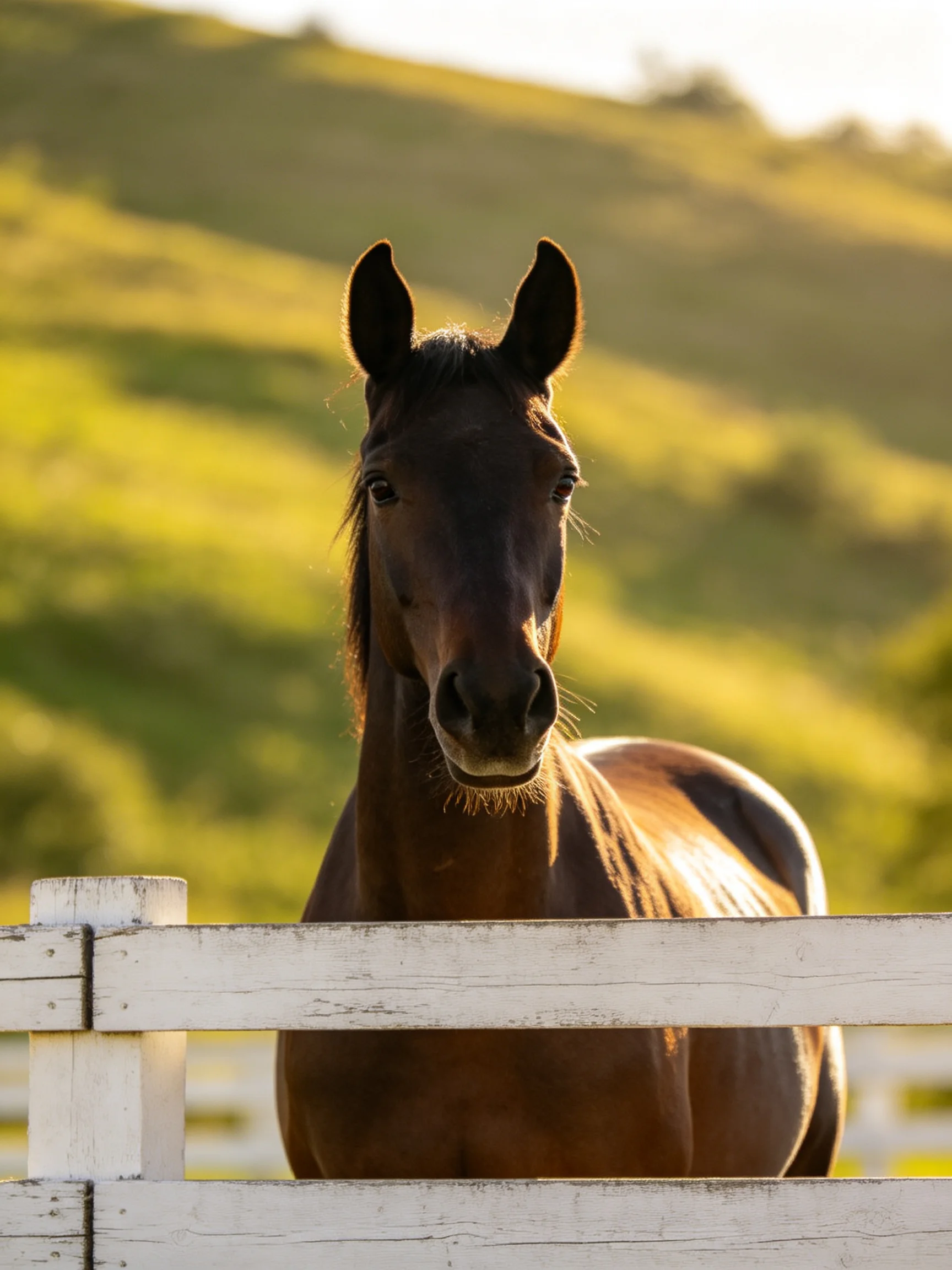 A brown horse stands near a weathered white fence with green hills