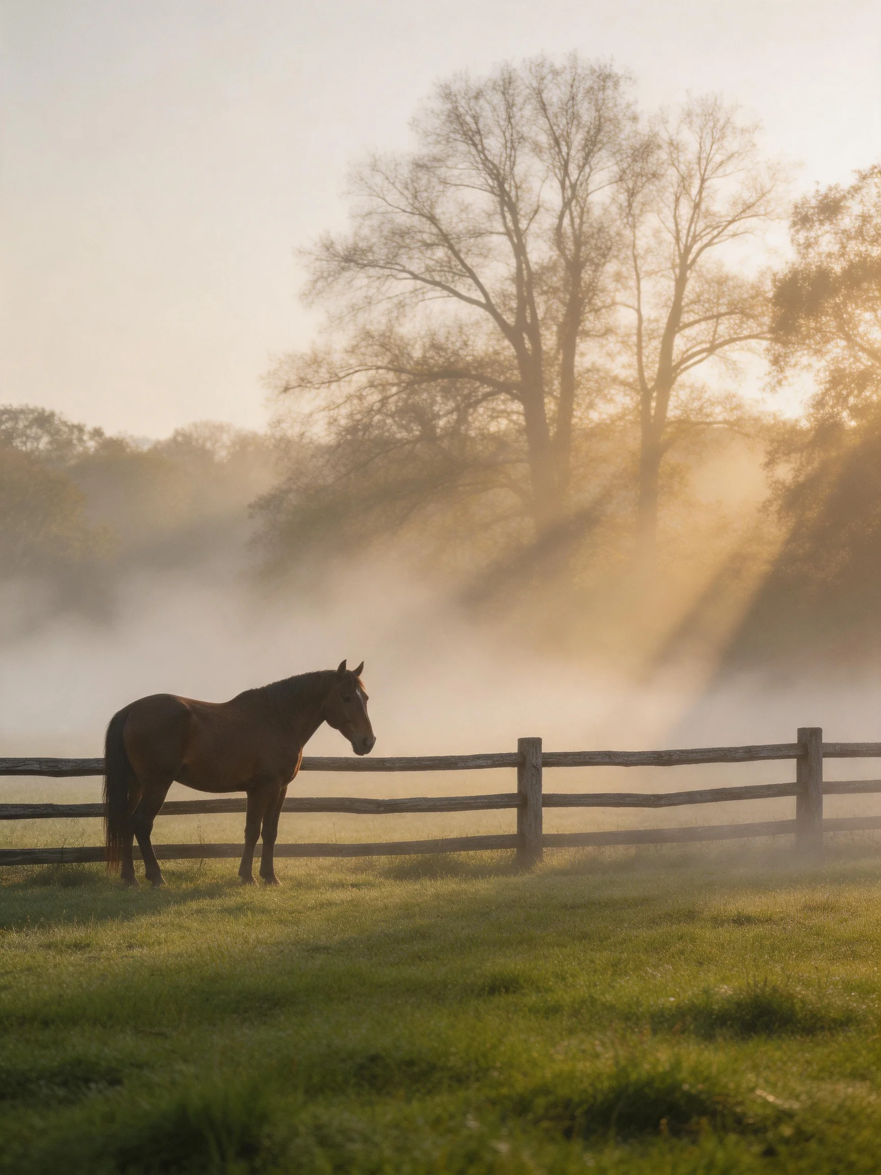 A horse stands by a wooden fence in a misty, sunlit field.