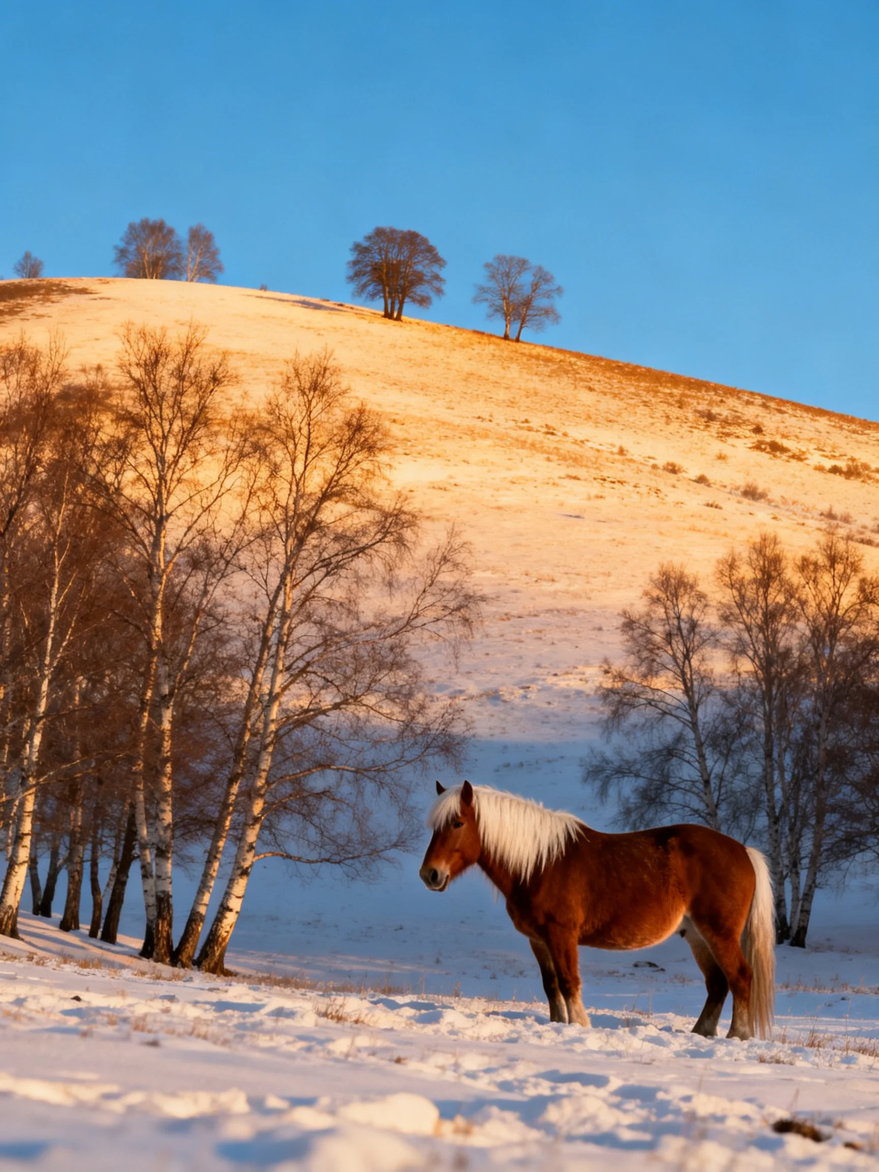 A brown horse stands near bare birch trees on a snow - covered hillside