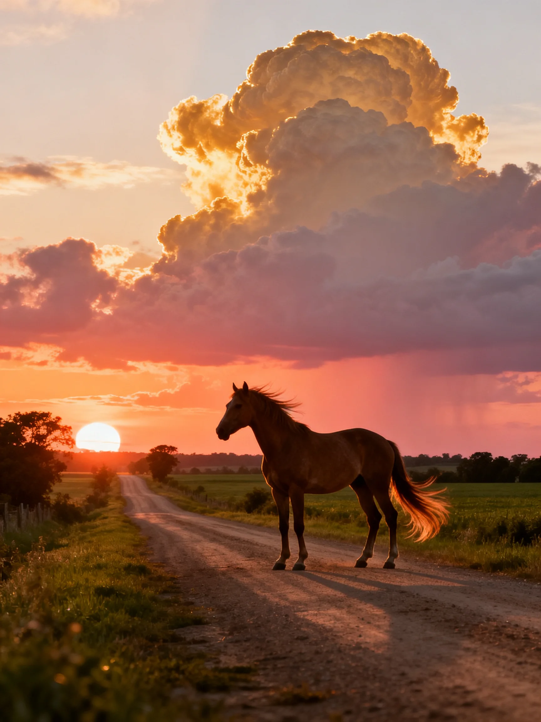 A brown horse stands on a dusty country road beneath vibrant sunset clouds