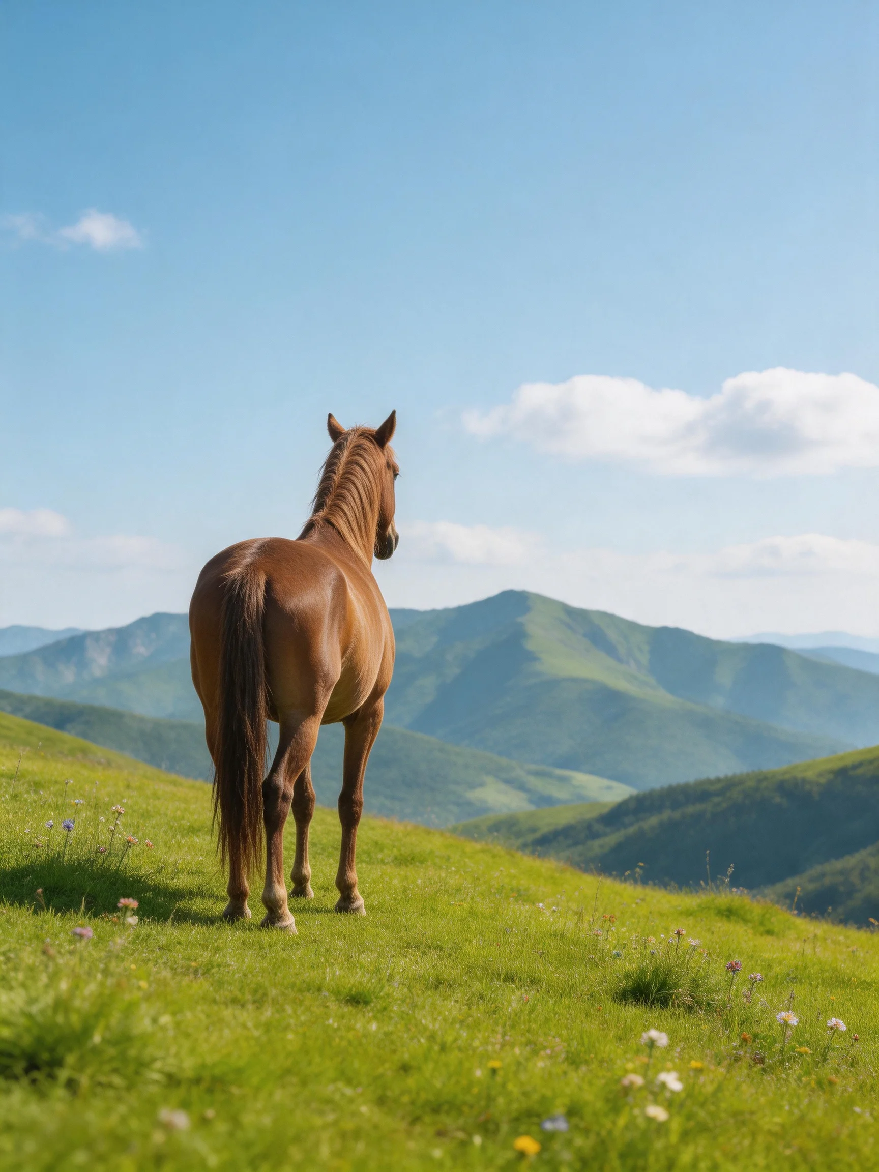A brown horse gazes toward distant mountains from a green meadow.