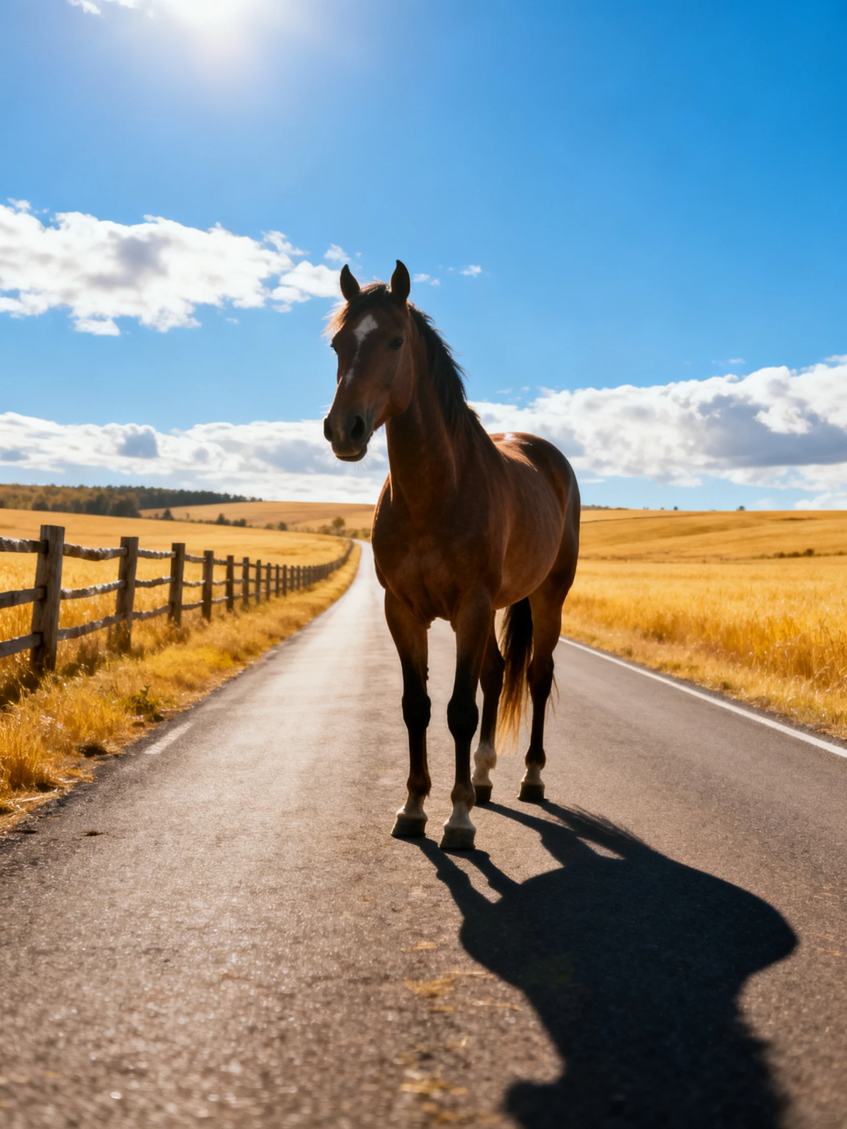 A brown horse stands on a paved road amid golden fields