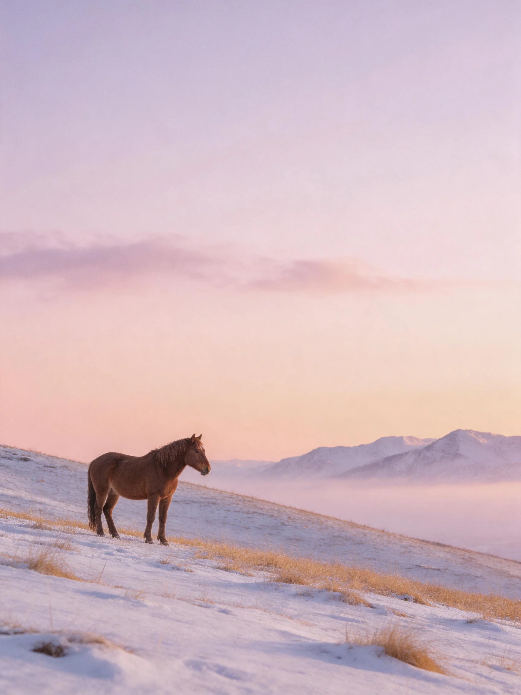 A brown horse stands on a snow-dusted hillside beneath a pink-hued sky