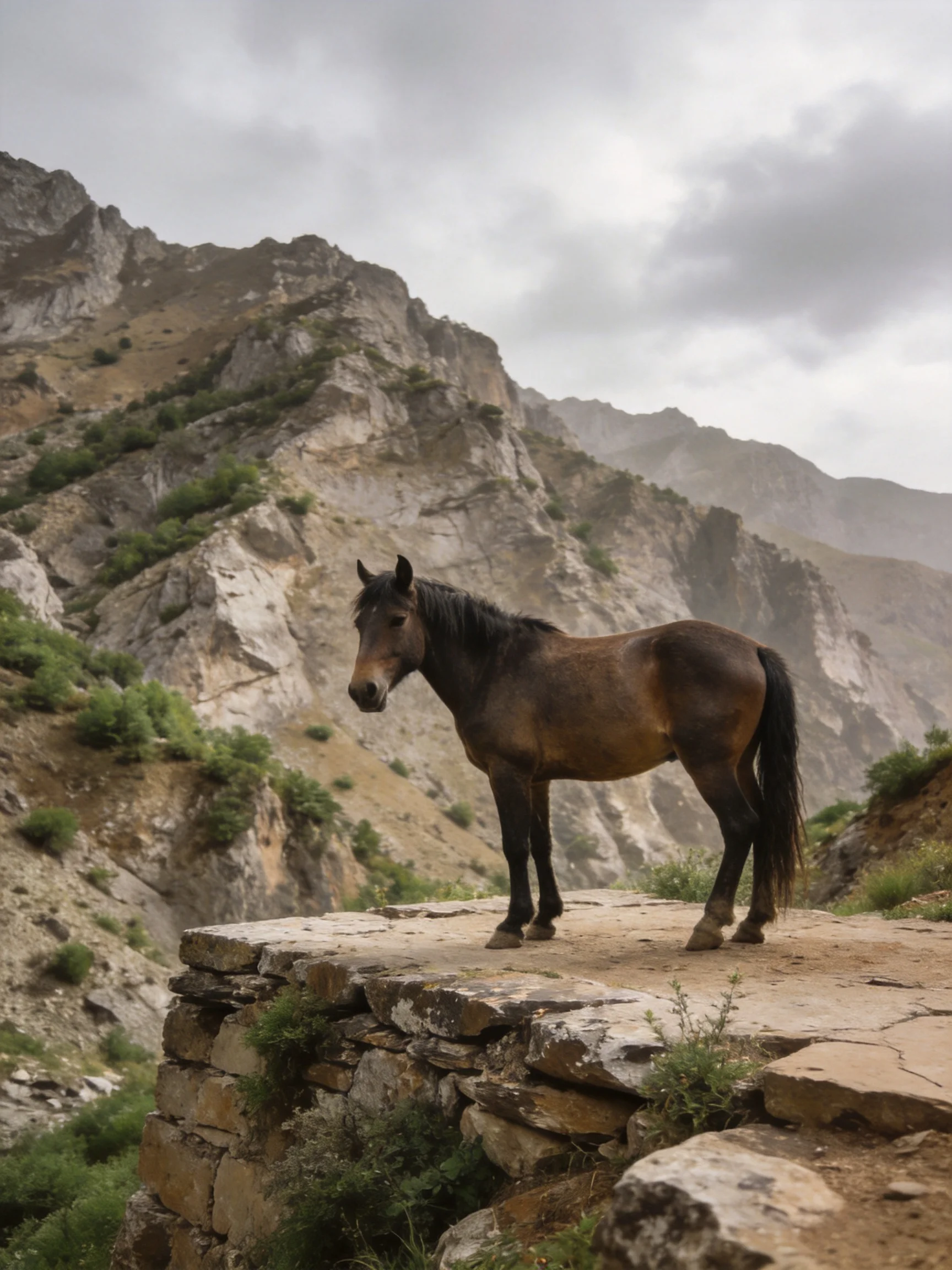 A brown horse stands on ancient stone ruins amid rugged mountains