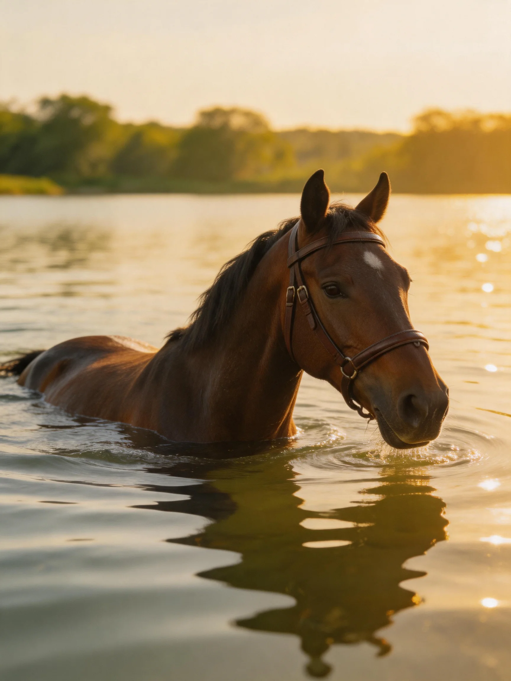 A brown horse swims in golden-lit water near green trees