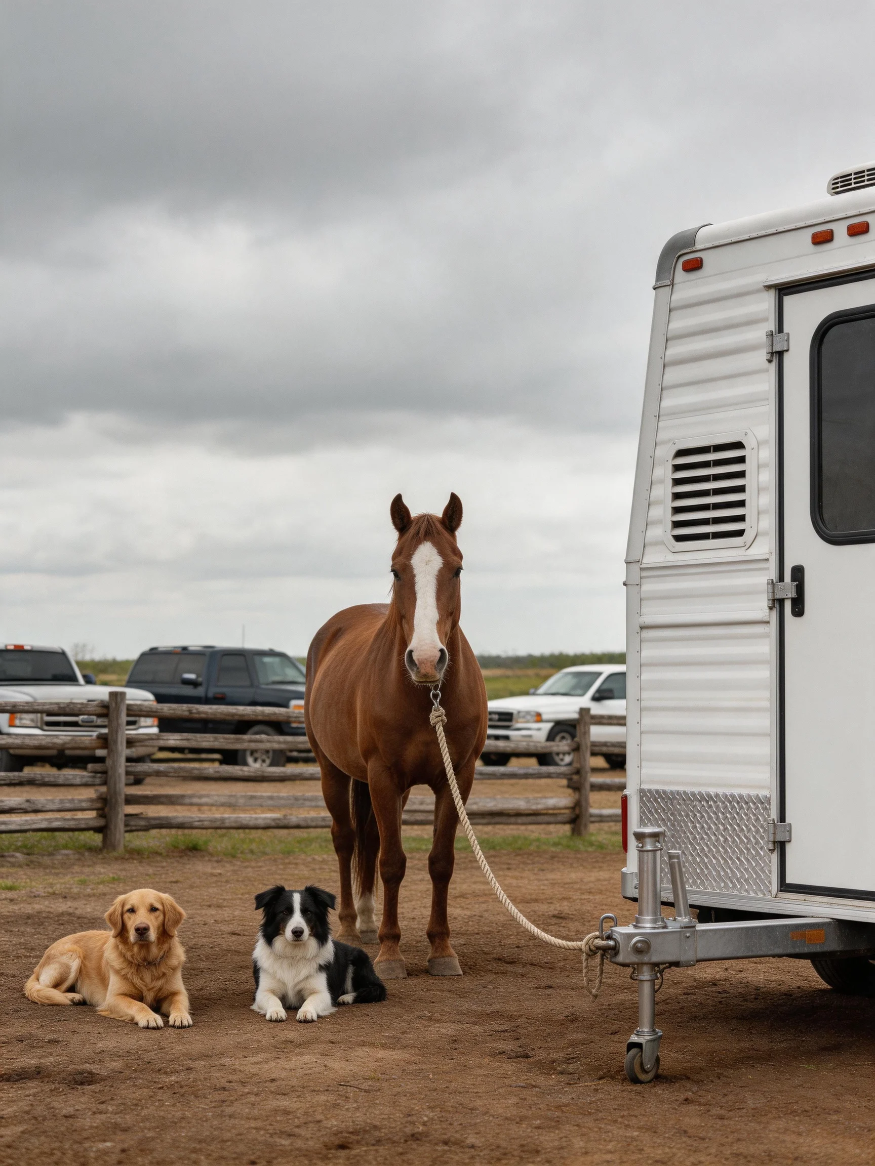 A brown horse tied near a white trailer with two dogs resting