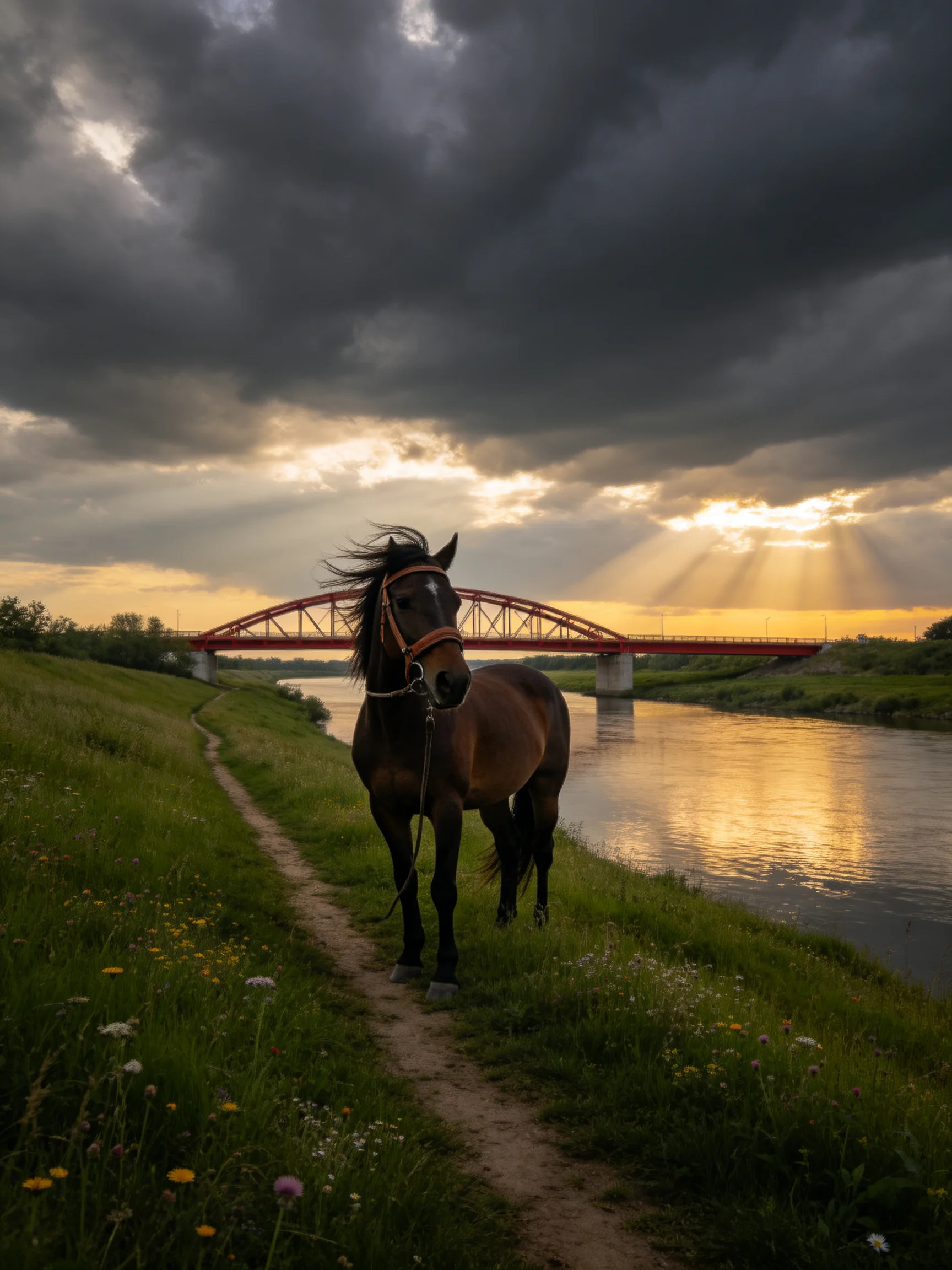 A brown horse walks along a dirt path by a river with a red bridge under dramatic sunset skies