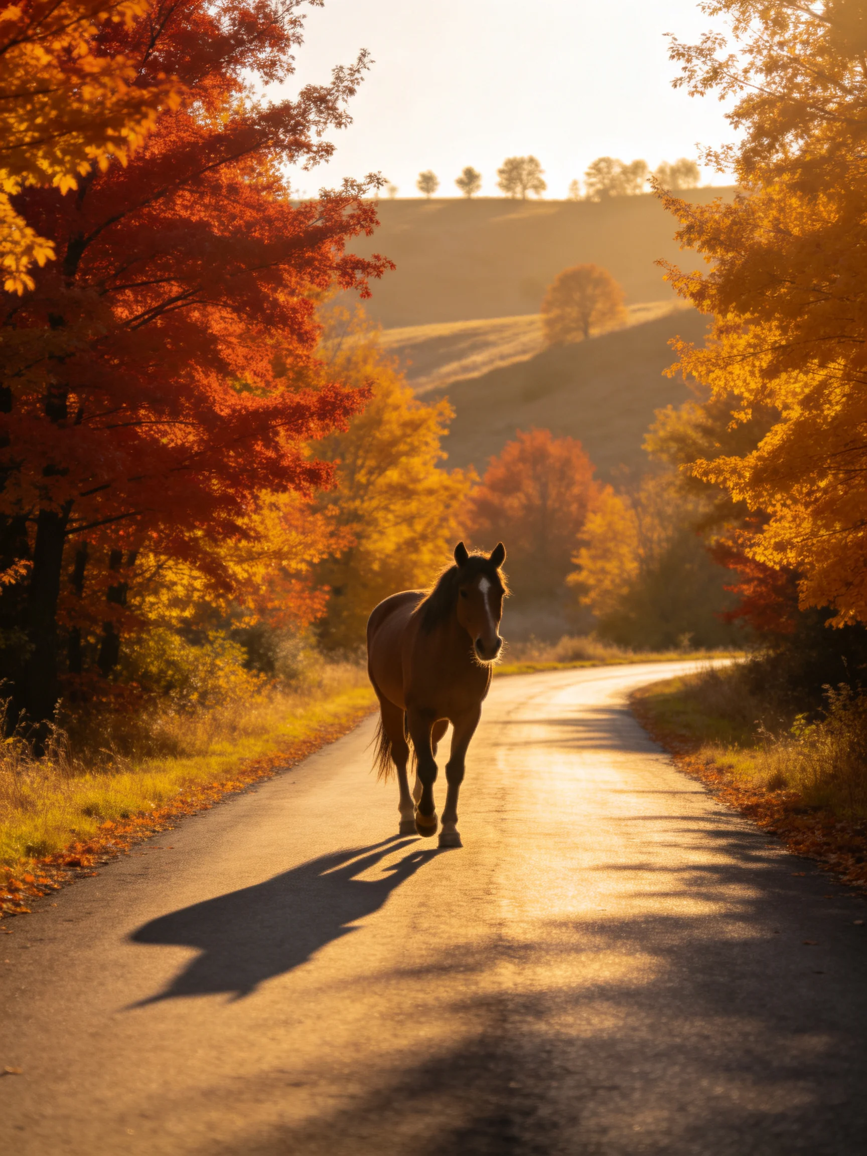 A brown horse walks down a sunlit autumn country road